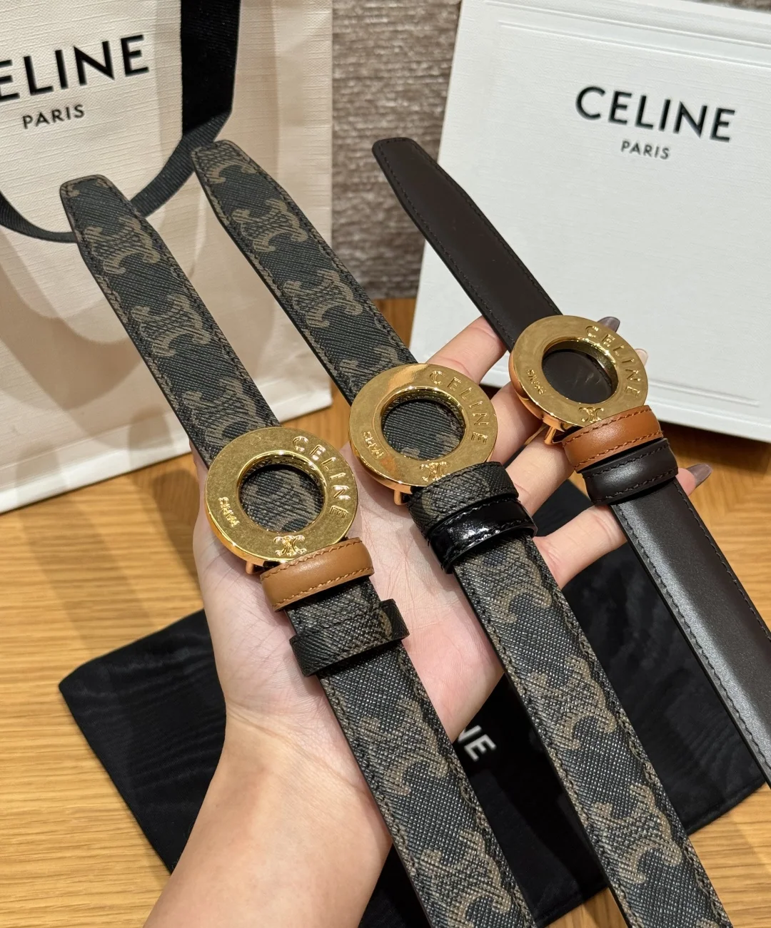 셀린느 차트 디스크 골드 버클 양면 가죽 벨트 25MM 상세 이미지 2