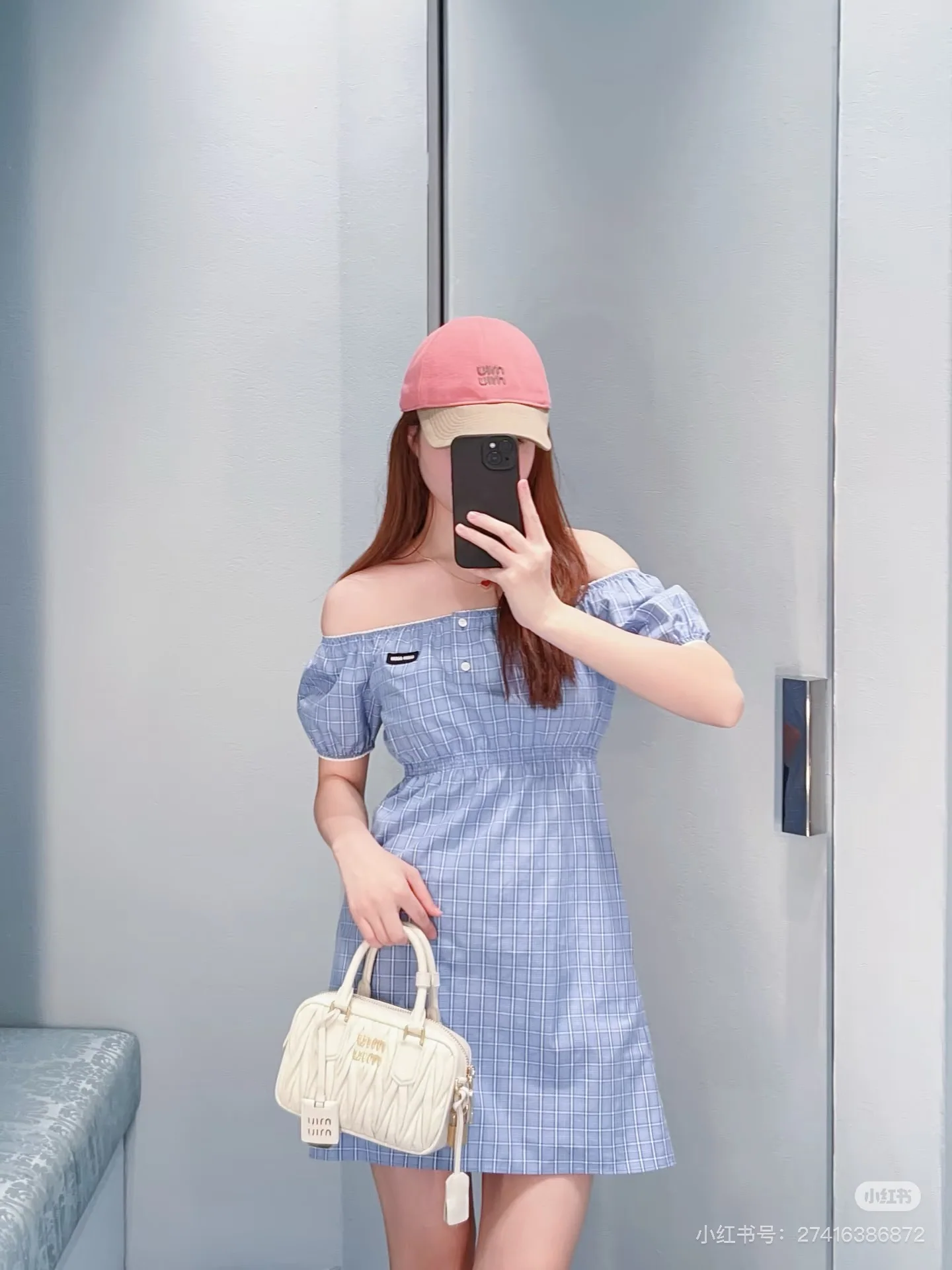 미우미우 여성 화이트 블루 체크 원피스 레플리카 상세 이미지 8