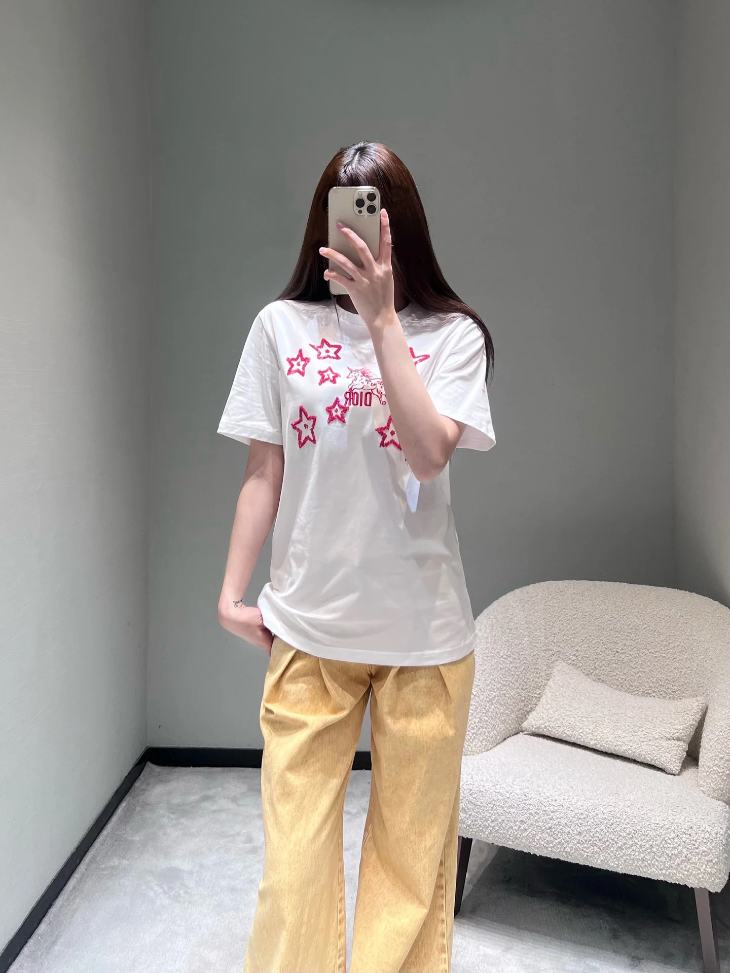 디올 별과 유니콘 자수 여성 반팔 티셔츠 상세 이미지 1