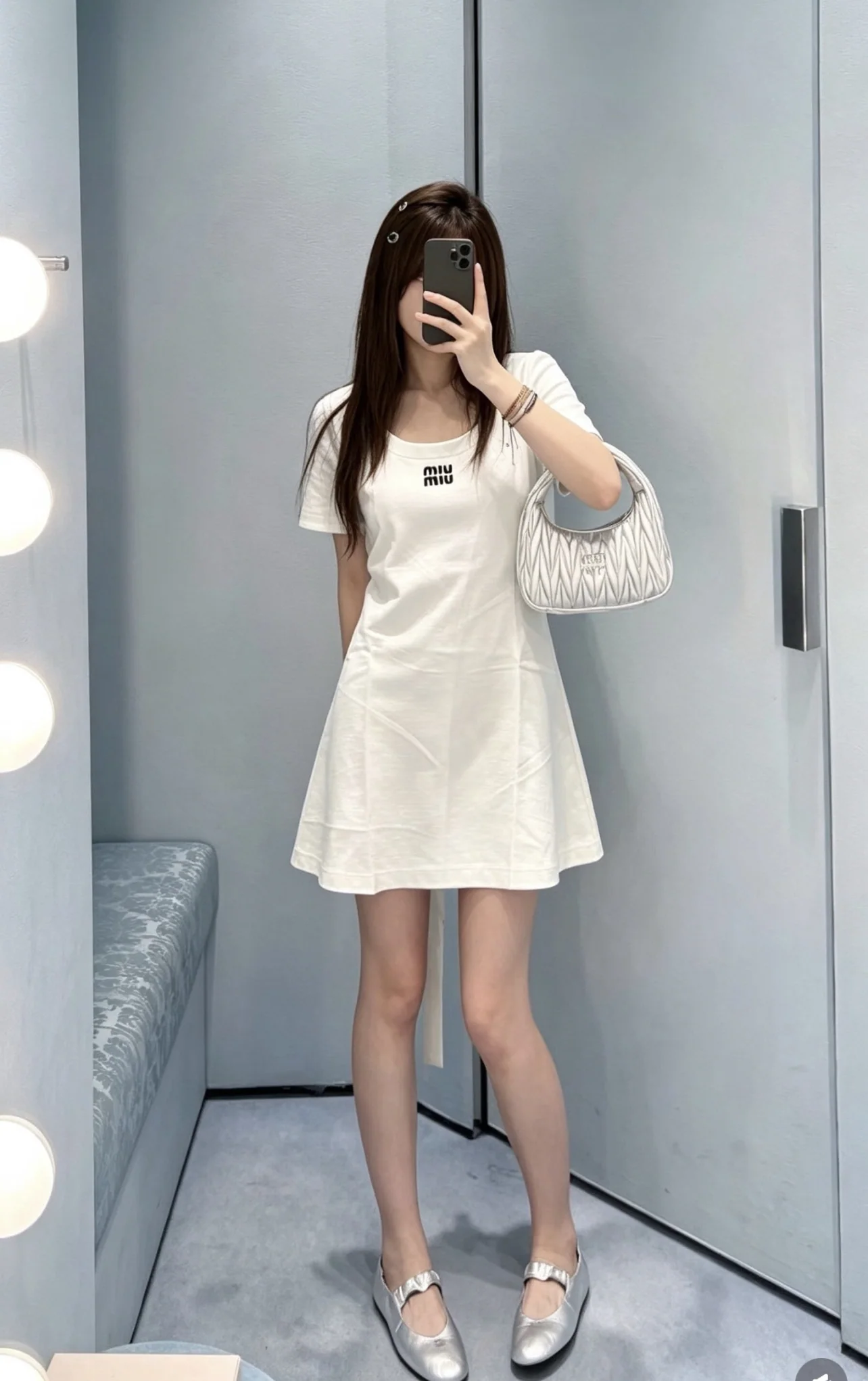 미우미우 본가죽 로고 반소매 허리 타이 코튼 원피스 상세 이미지 6