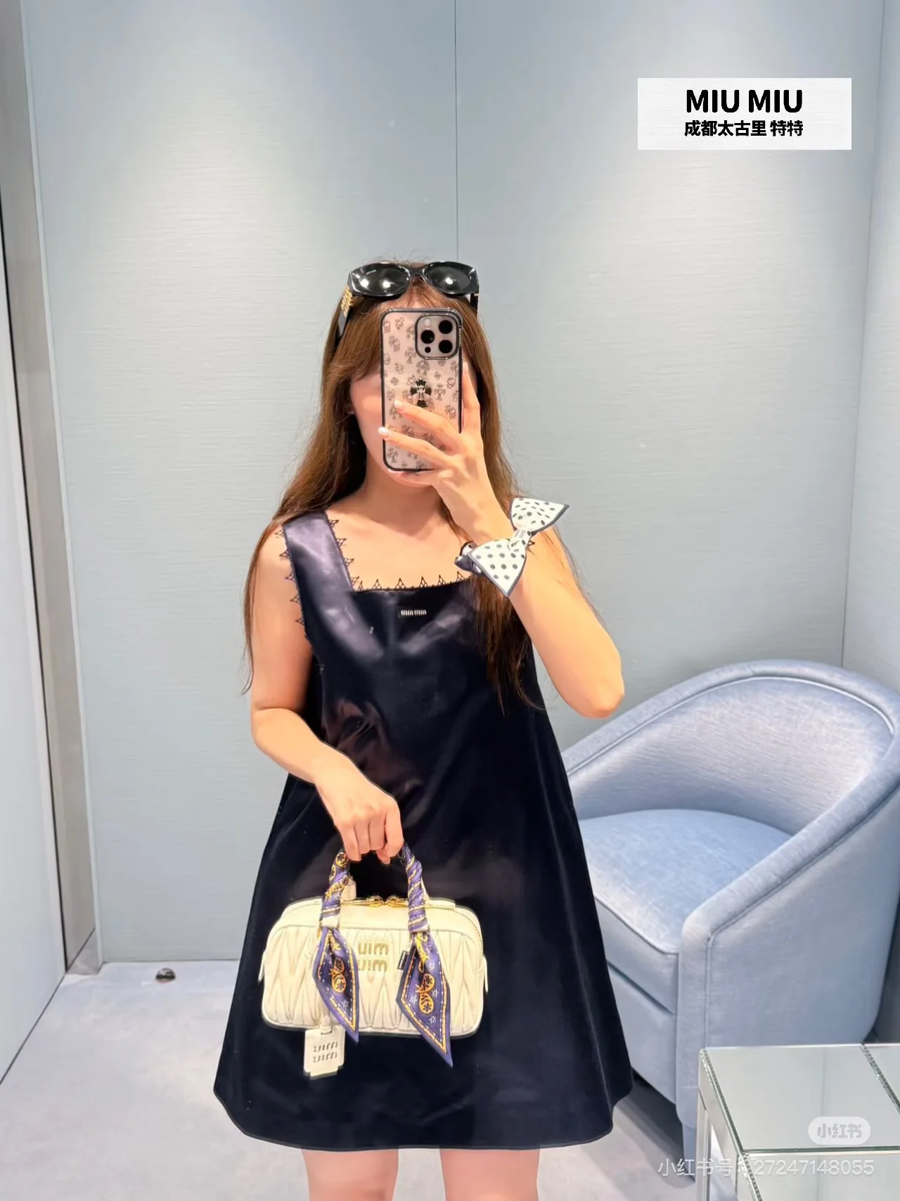 미우미우 네이비 레이스 슬리브리스 원피스 상세 이미지 5