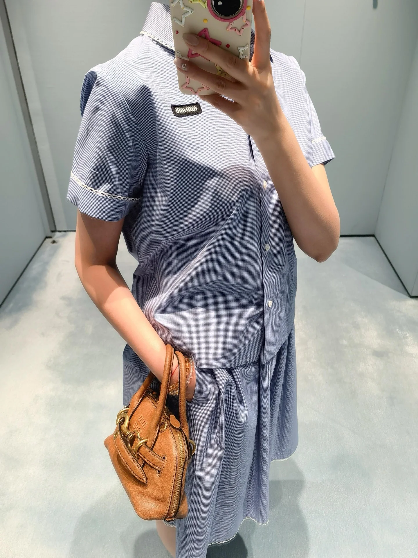 미우미우 블루 체크 피터팬 카라 반팔 셔츠 스커트 세트 26 SS 상세 이미지 8