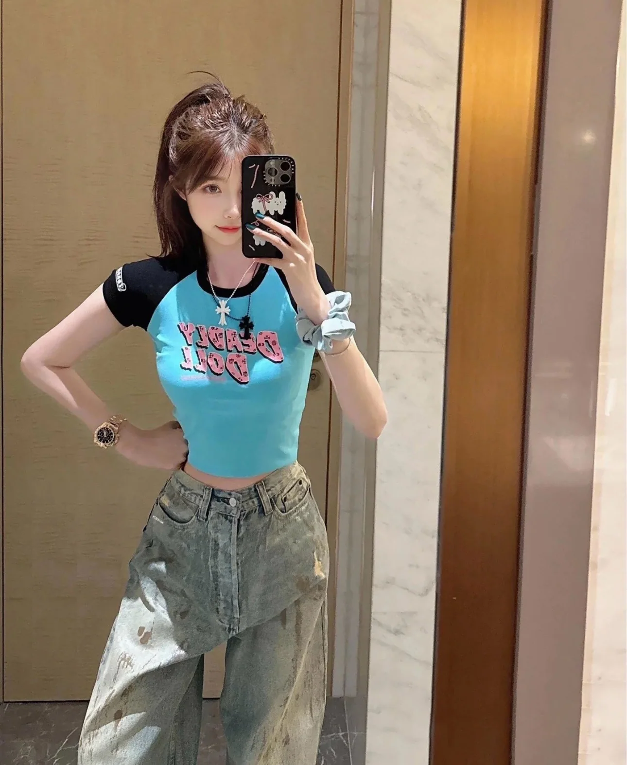 크롬하츠 여성 블루 컬러블록 반팔 티셔츠 상세 이미지 3