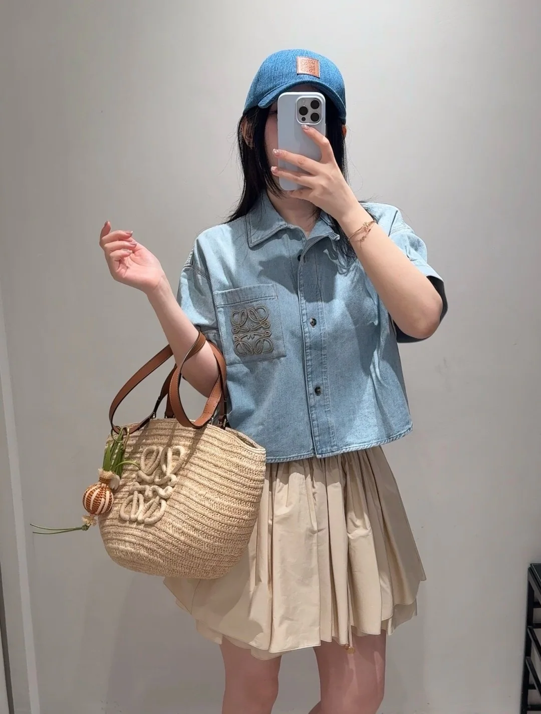 로에베 이비사 컬러 블록 자수 데님 반소매 셔츠 상세 이미지 3