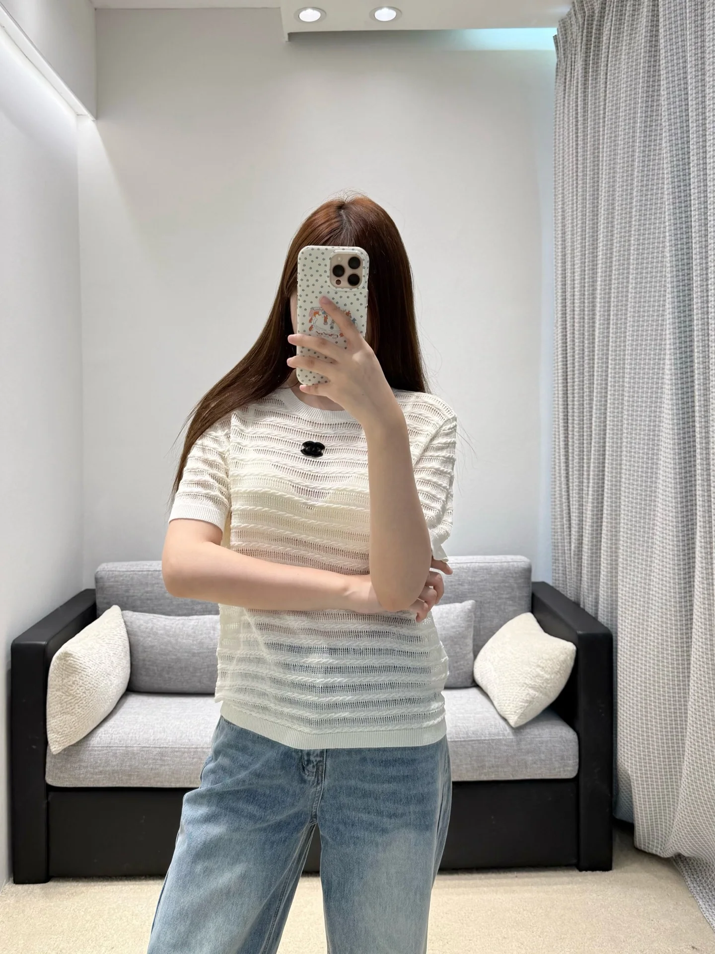 샤넬 시스루 웨이브 케이블 니트 반팔 티셔츠 상세 이미지 3
