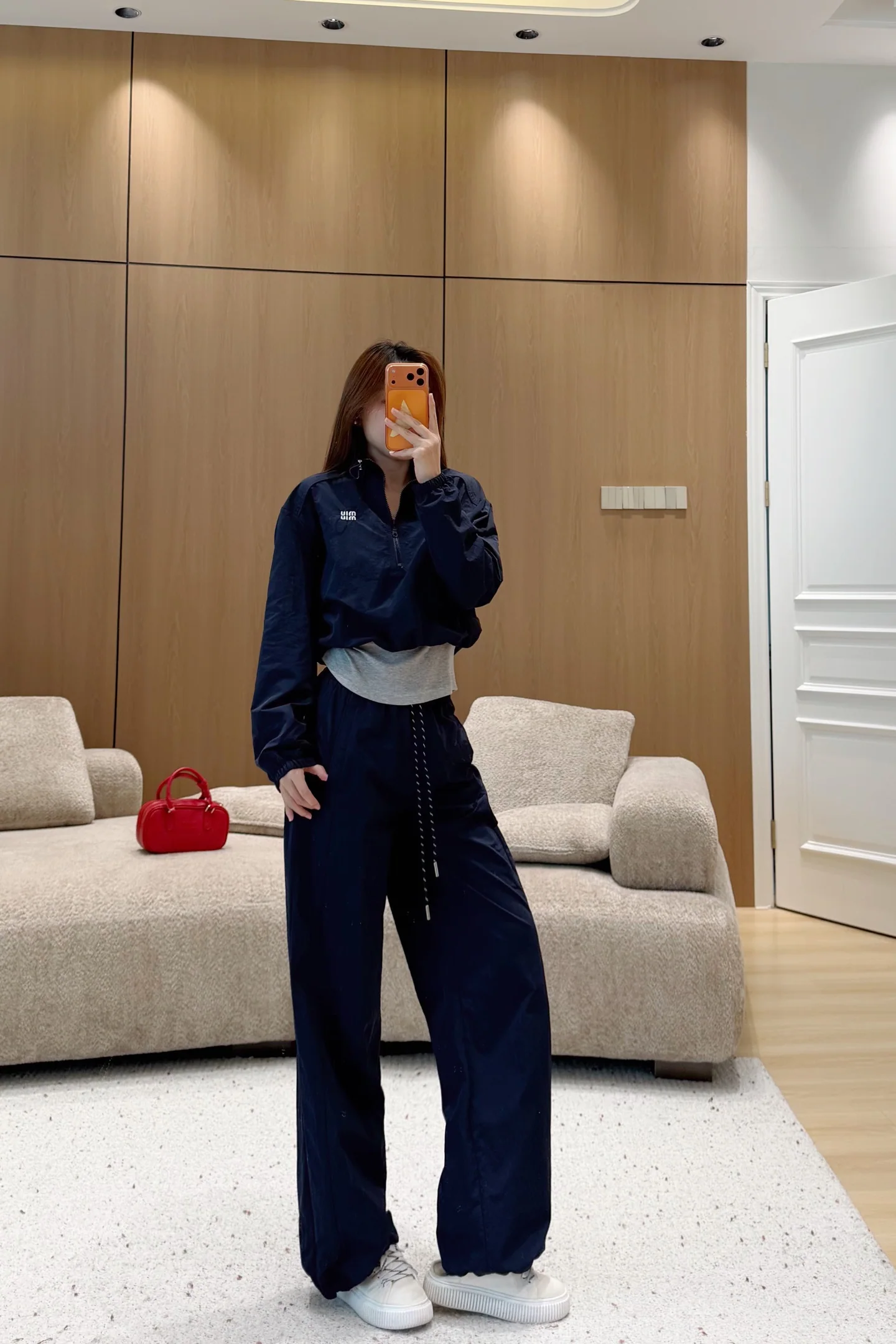 미우미우 패치워크 하프 집업 탑 드로스트링 팬츠 세트 156415
