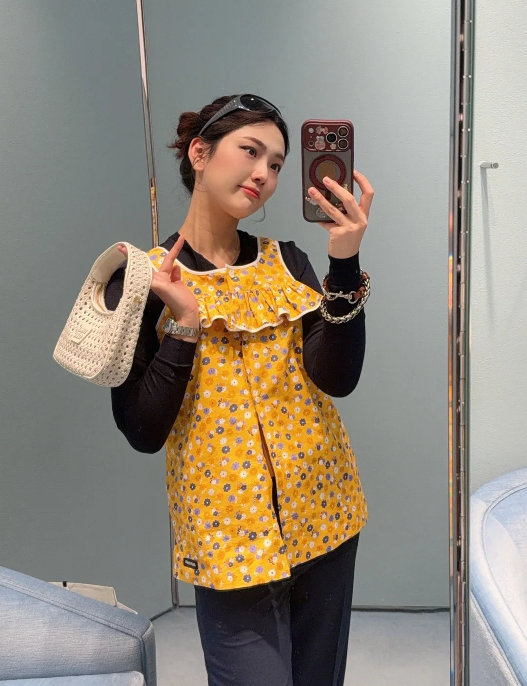 미우미우 옐로우 플라워 프릴 페이크 투피스 원피스 상세 이미지 8