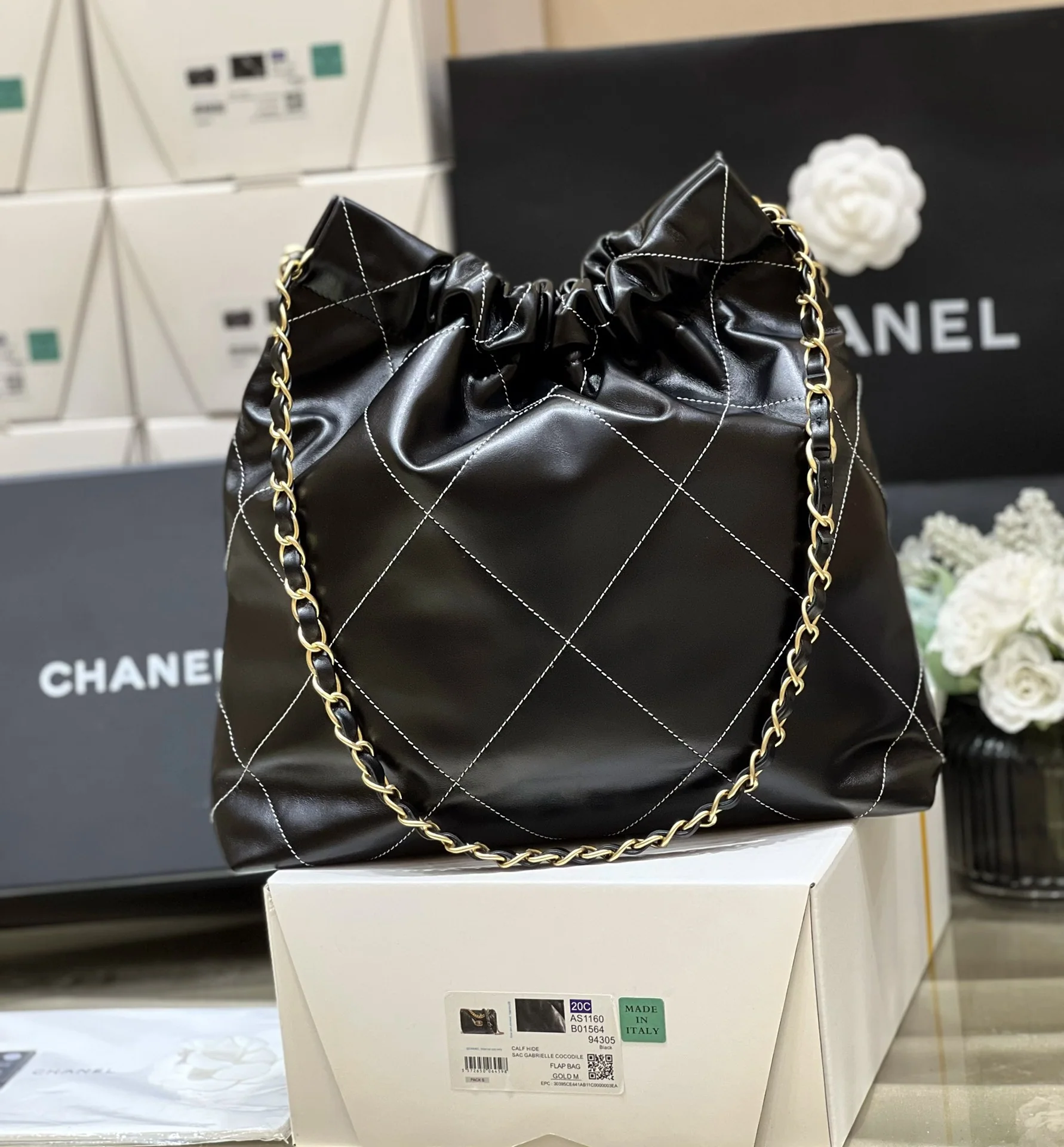 샤넬 흰 줄무늬 블랙 램스킨 스퀘어백 가방 상세 이미지 6