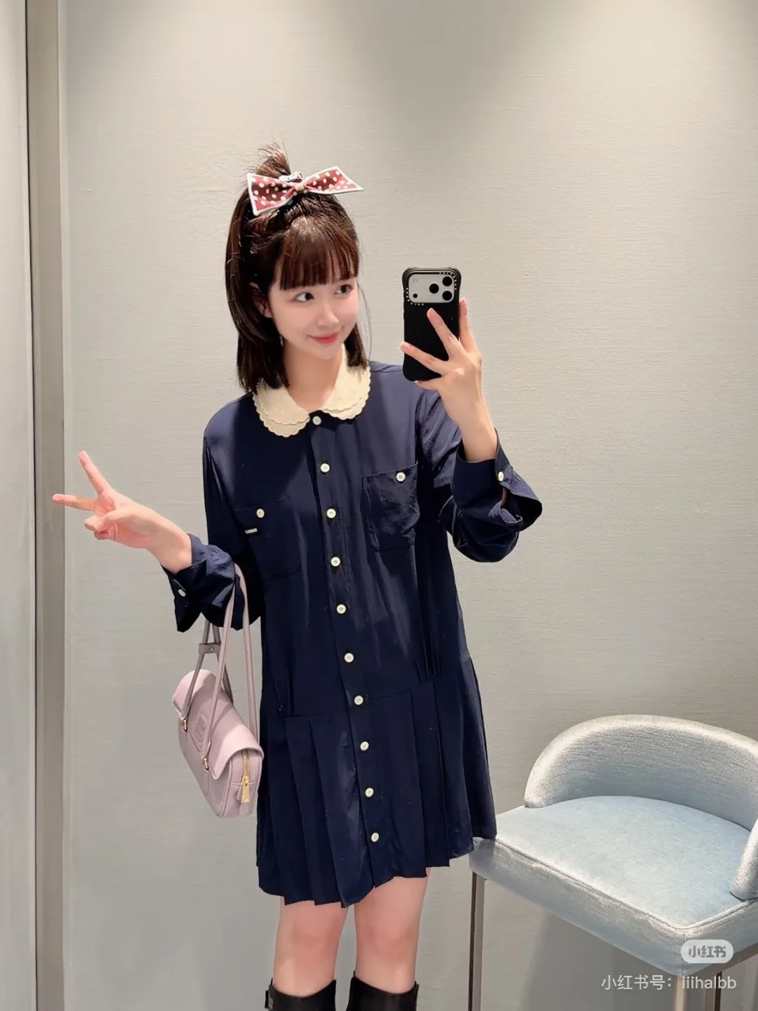 미우미우 다크블루 피터팬카라 레이스 셔츠 원피스 상세 이미지 4