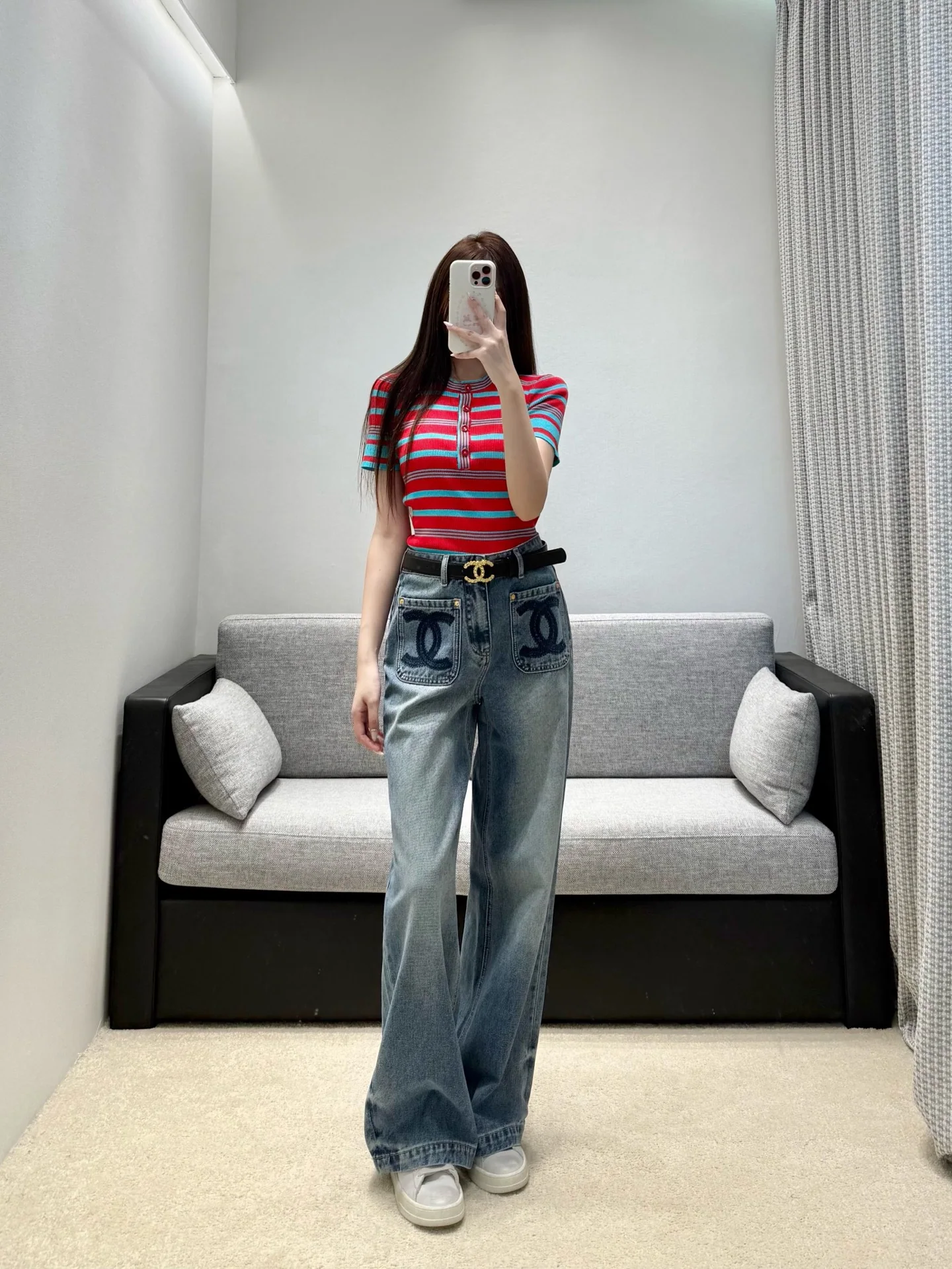 샤넬 투톤 와이드 레그 데님 여성 바지 상세 이미지 9