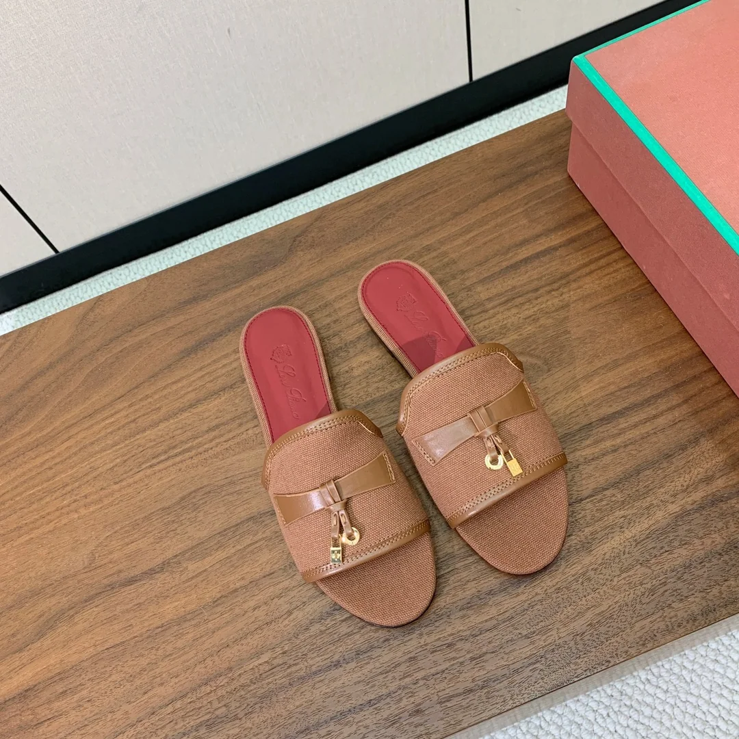 로로피아나 컬러 블록 린넨 가죽 샌들 상세 이미지 3