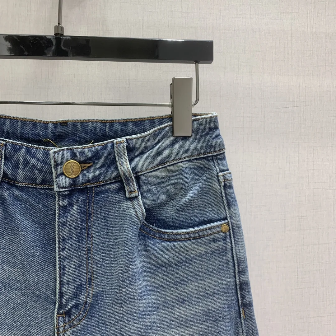 생로랑 로고 자수 백 포켓 크롭 진 바지 상세 이미지 3