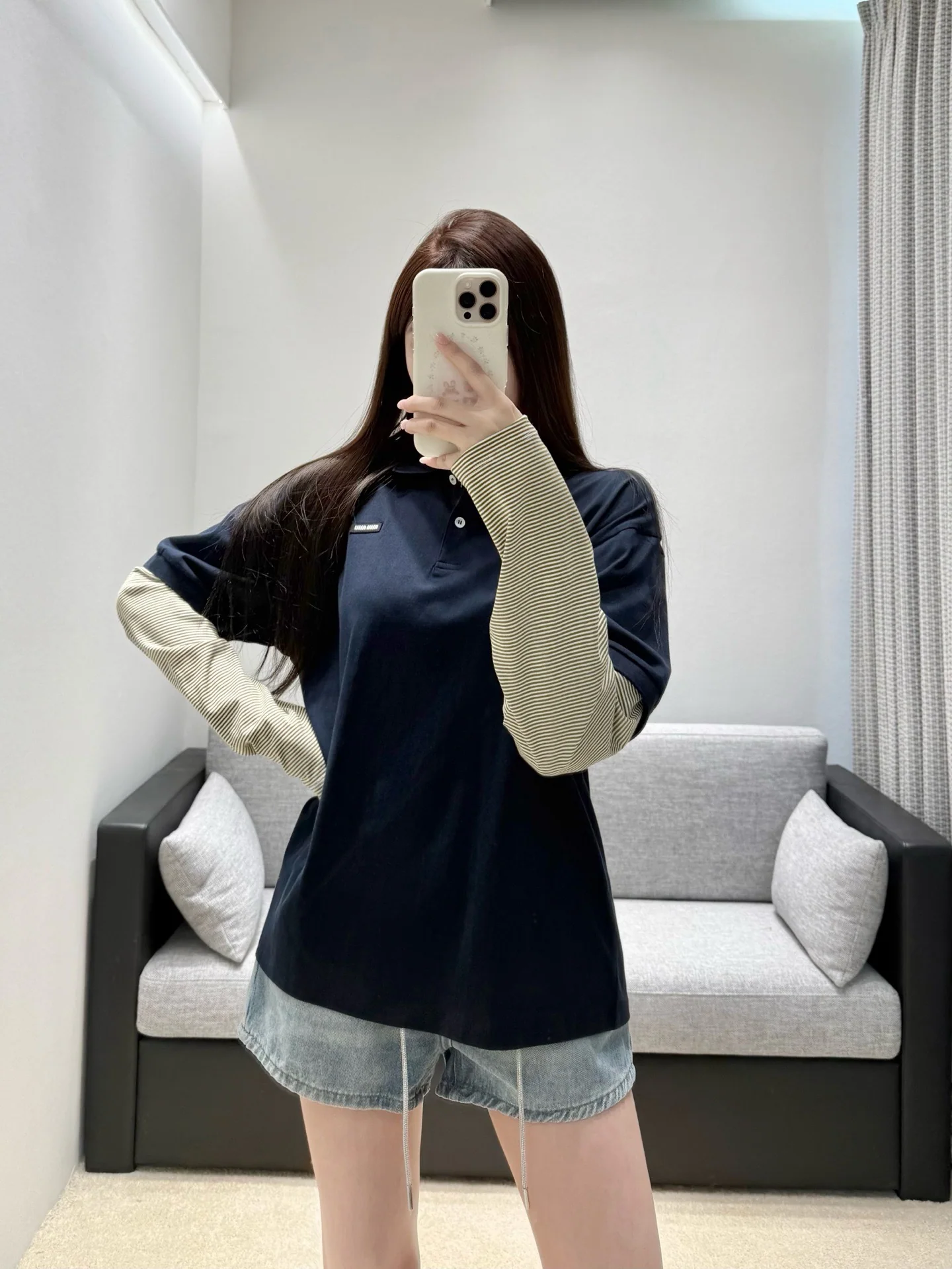 미우미우 네이비 블루 긴팔 투피스 티셔츠 상세 이미지 3