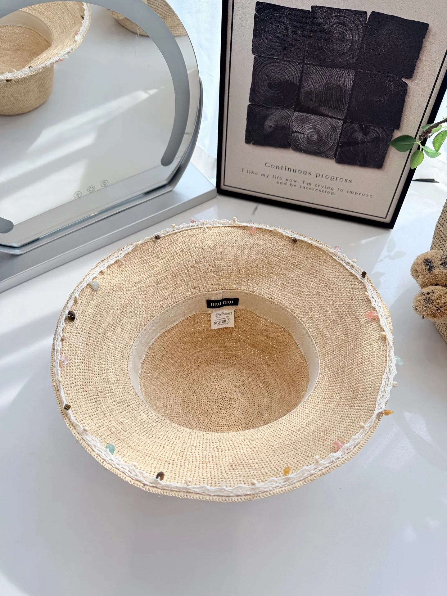 미우미우 레이스 트림 천연 밀짚 어부 모자 상세 이미지 6