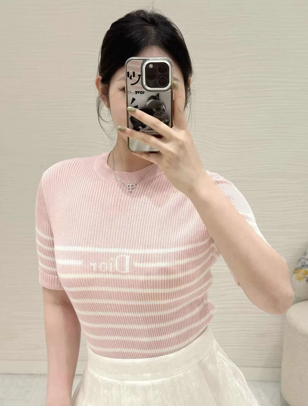디올 스트라이프 자수 니트 반팔 탑 상세 이미지 3
