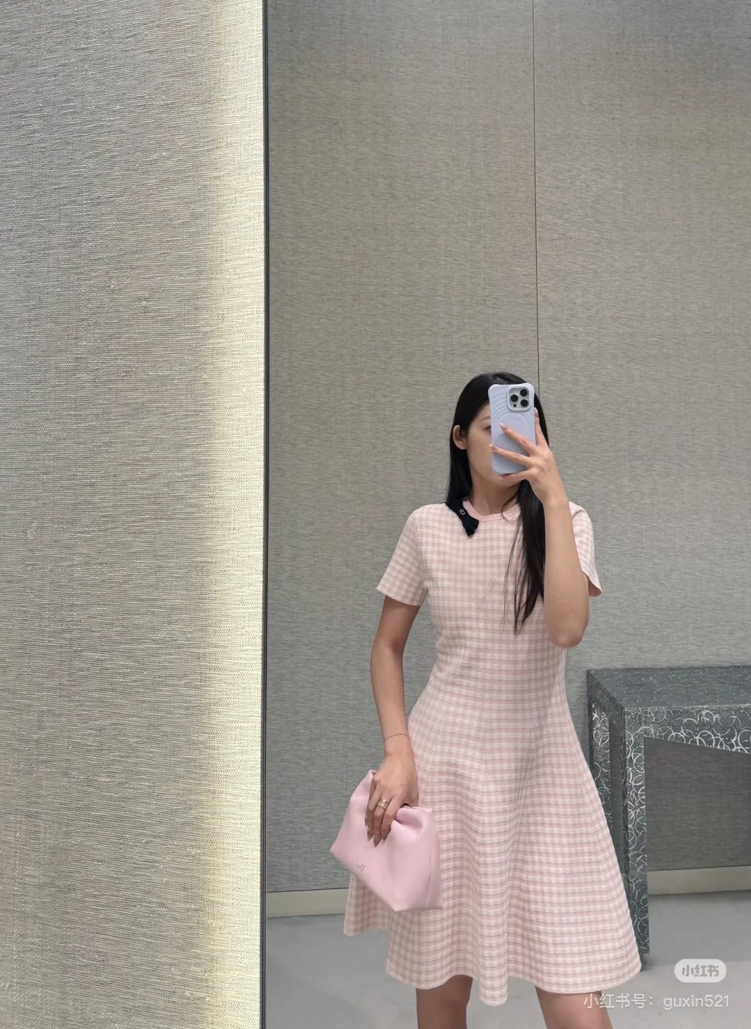 디올 벚꽃핑크 체크 패턴 리본 원피스 상세 이미지 3