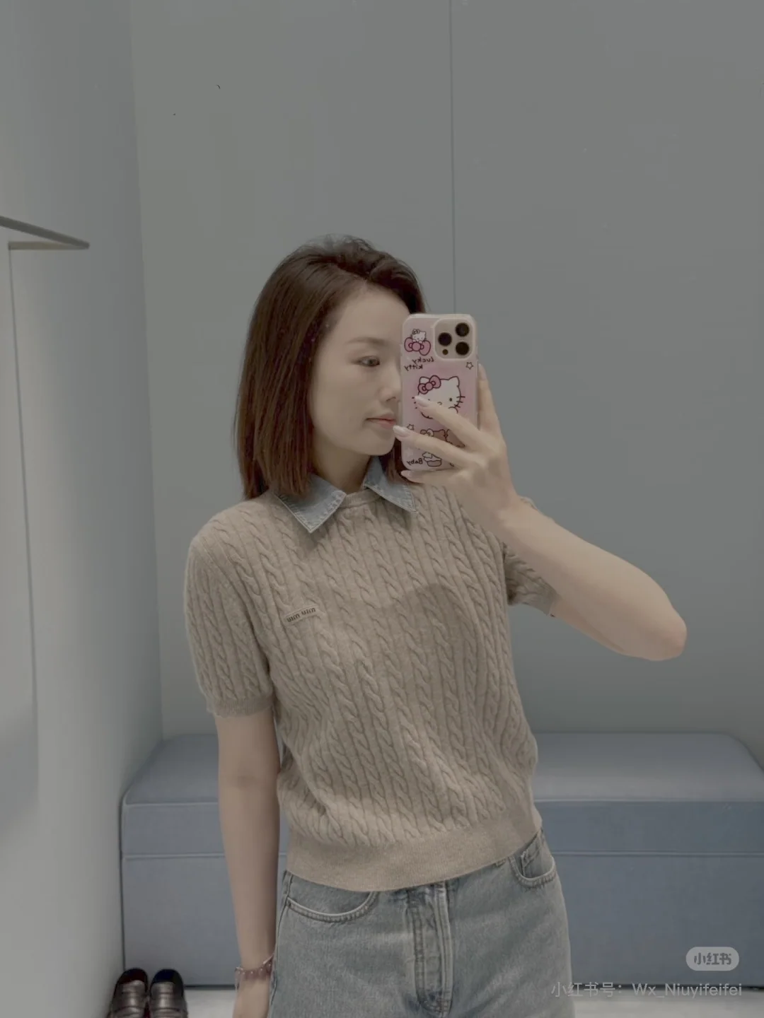 미우미우 데님 카라 케이블 니트 반팔 티셔츠 상세 이미지 9