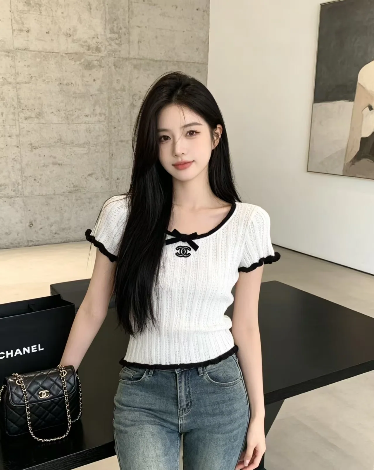 샤넬 보우타이 니트 반팔 티셔츠 상세 이미지 1