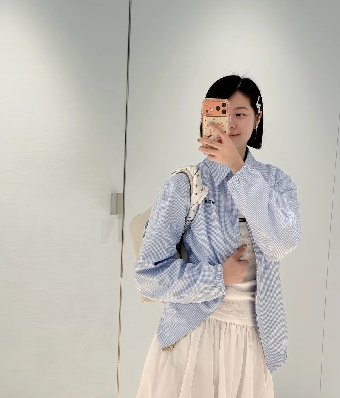 미우미우 라이트 블루 체크 재킷 여성 셔츠 상세 이미지 8