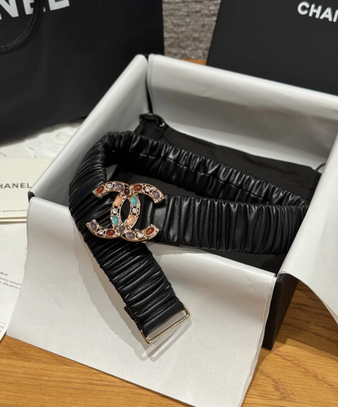 샤넬 블랙 램스킨 더블 C 라인석 벨트 174085