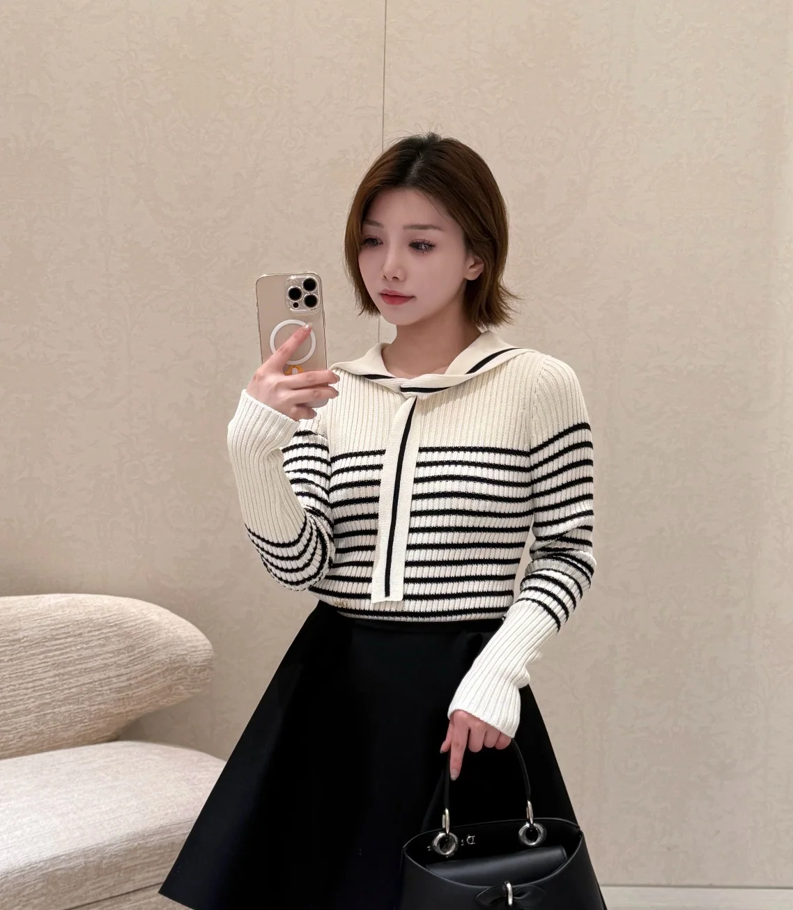 디올 세일러 카라 스트라이프 여성 가디건 상세 이미지 2