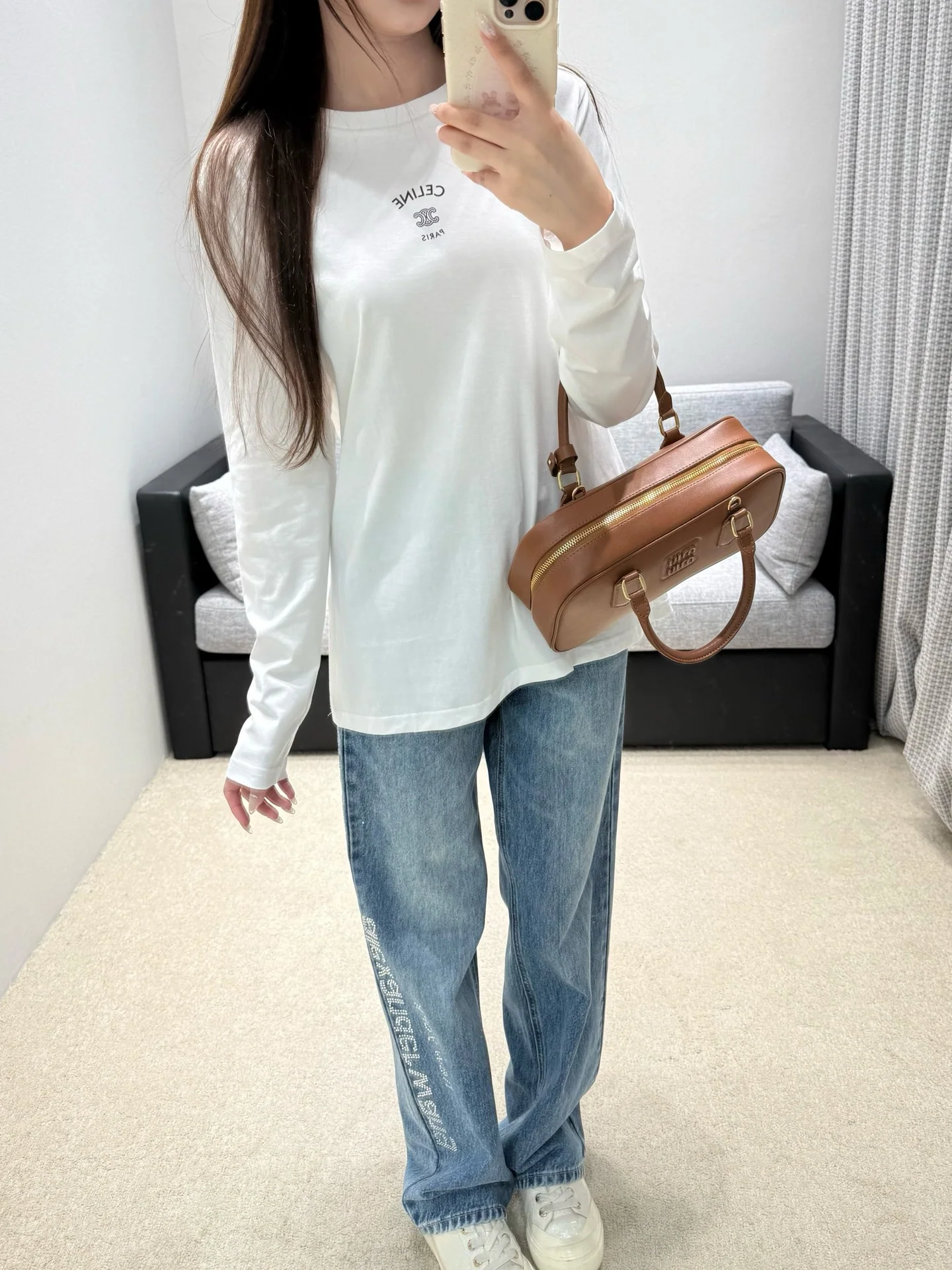 셀린느 블랙 화이트 크루넥 긴팔 티셔츠 상세 이미지 8