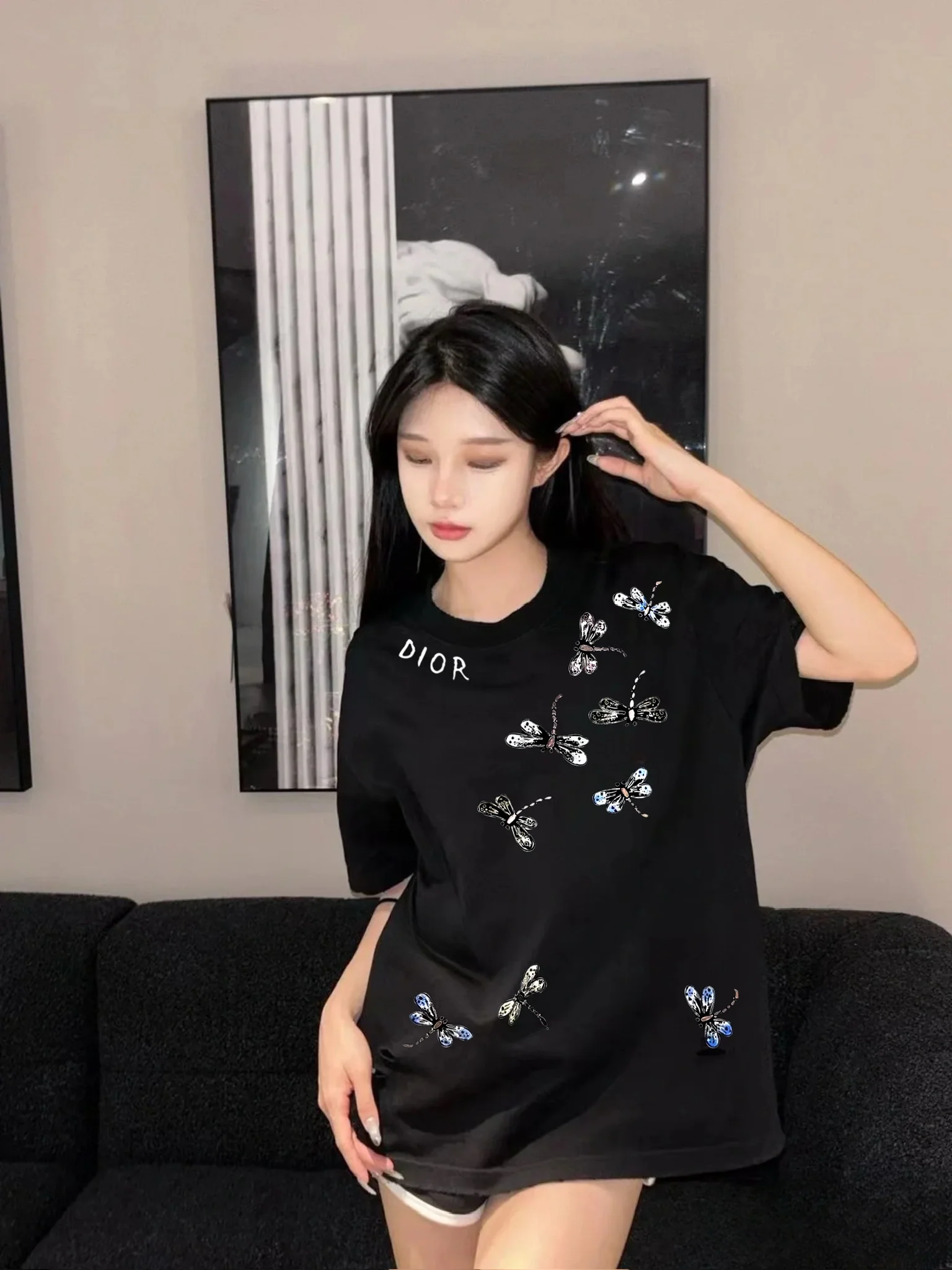 디올 나비 프린트 여성 반팔 티셔츠 상세 이미지 2