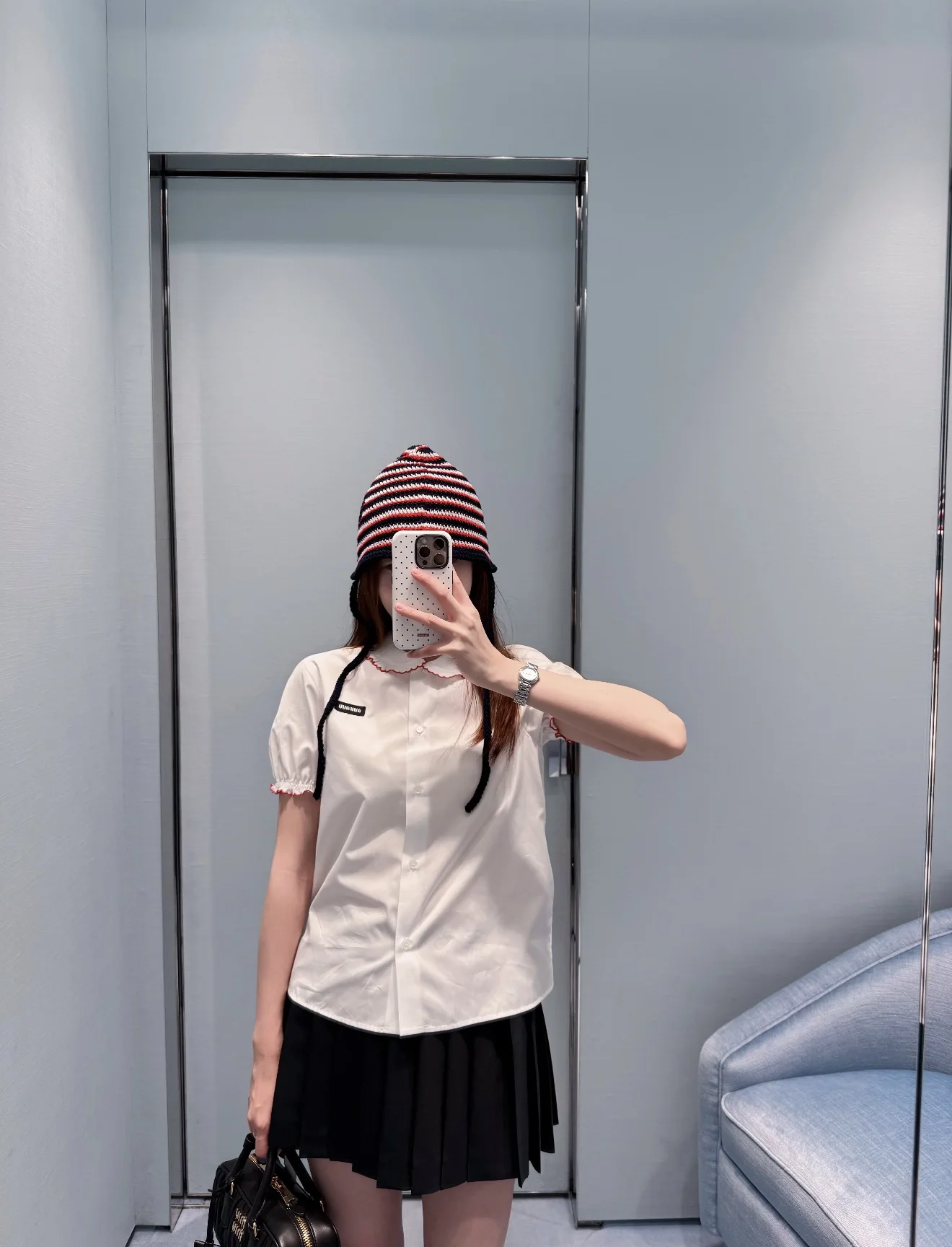 미우미우 레이스 피터팬 카라 코튼 반소매 셔츠 상세 이미지 5
