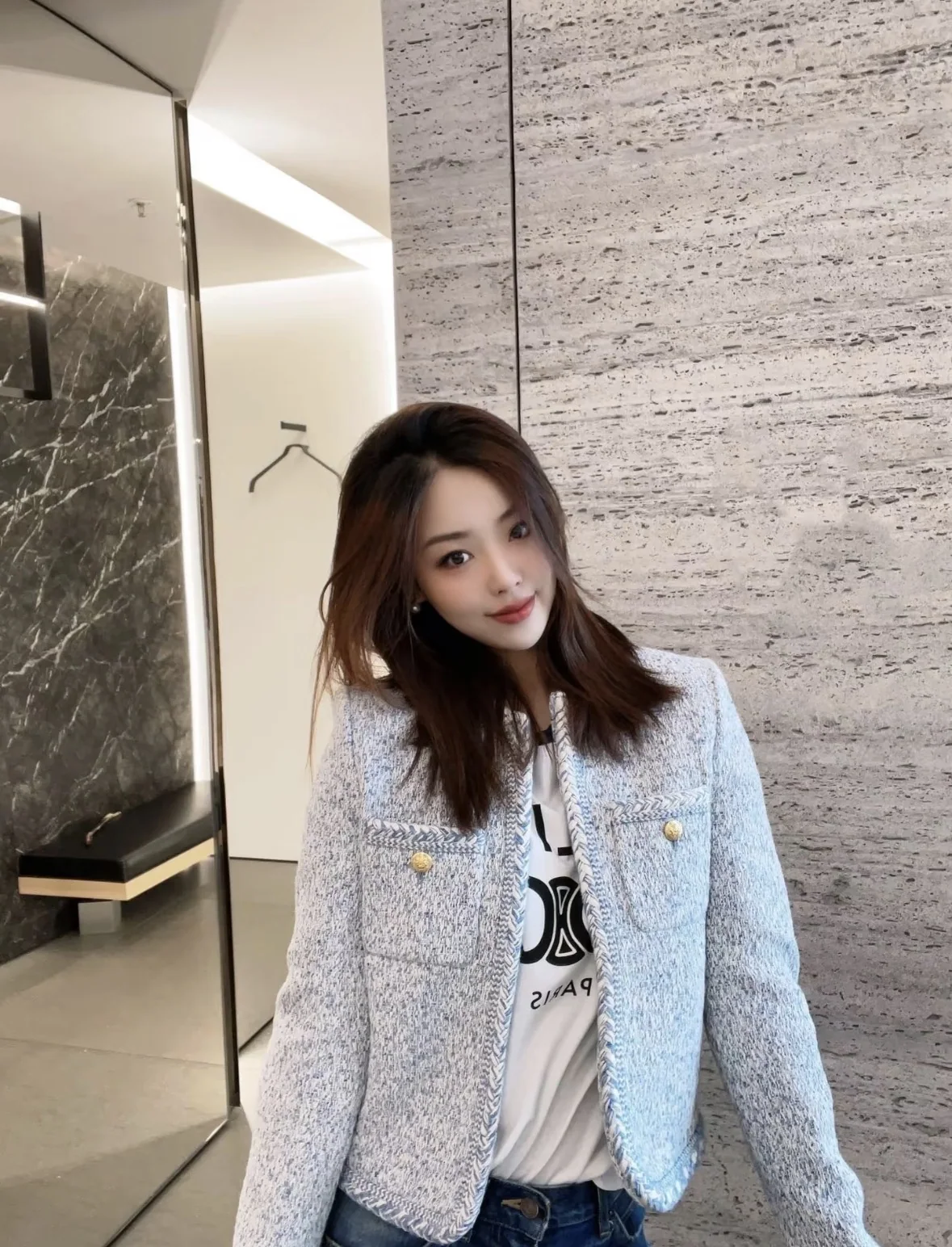 셀린느 그레이셔블루 트위드 크롭 자켓 상세 이미지 3