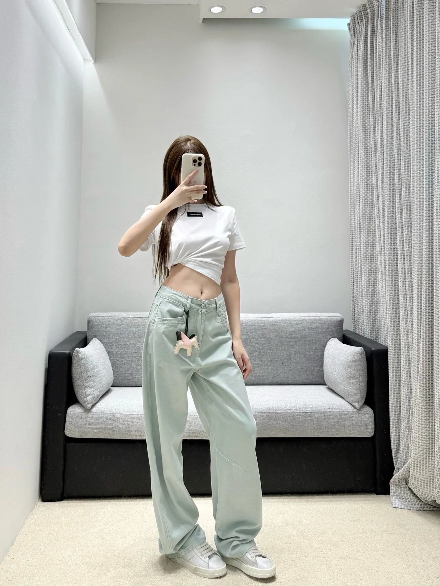 에르메스 민트 그린 하이웨이스트 와이드 레그 여성 바지 상세 이미지 8