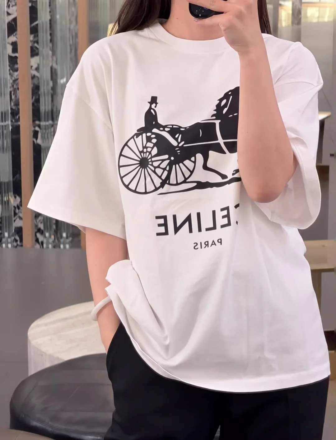 셀린느 말 패턴 크루넥 여성 반팔 셔츠 상세 이미지 2