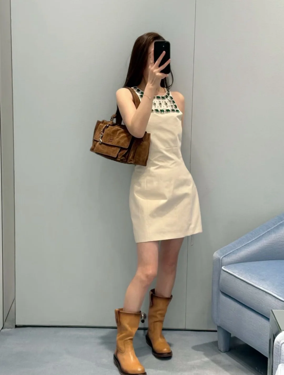 미우미우 라인스톤 장식 홀터넥 면 원피스 상세 이미지 8