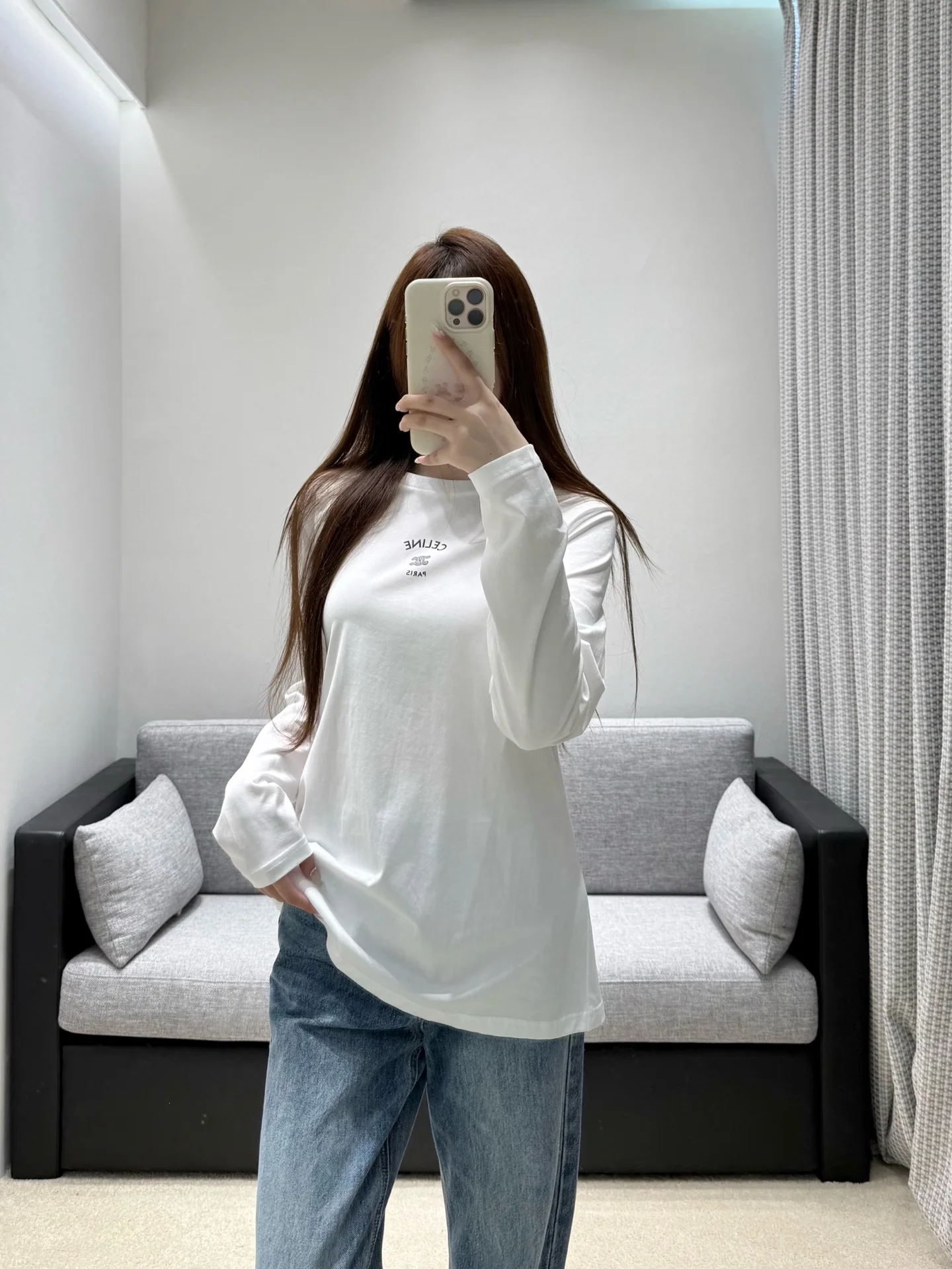 셀린느 블랙 화이트 크루넥 긴팔 티셔츠 상세 이미지 9