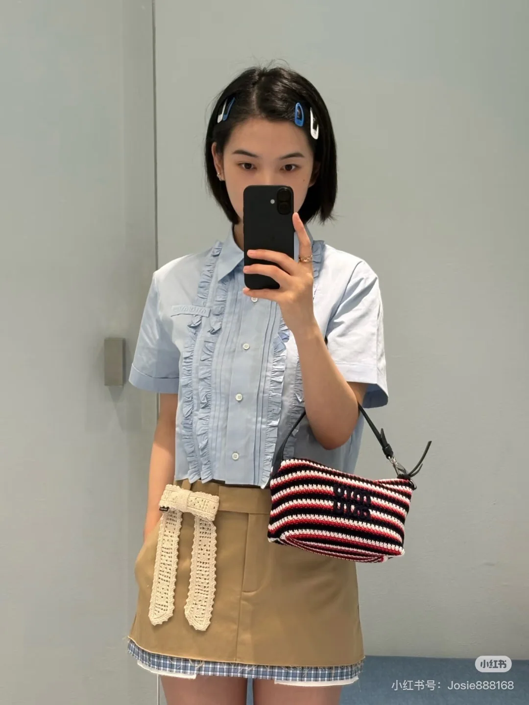 미우미우 블루 프릴 스퀘어넥 반팔 셔츠 상세 이미지 9