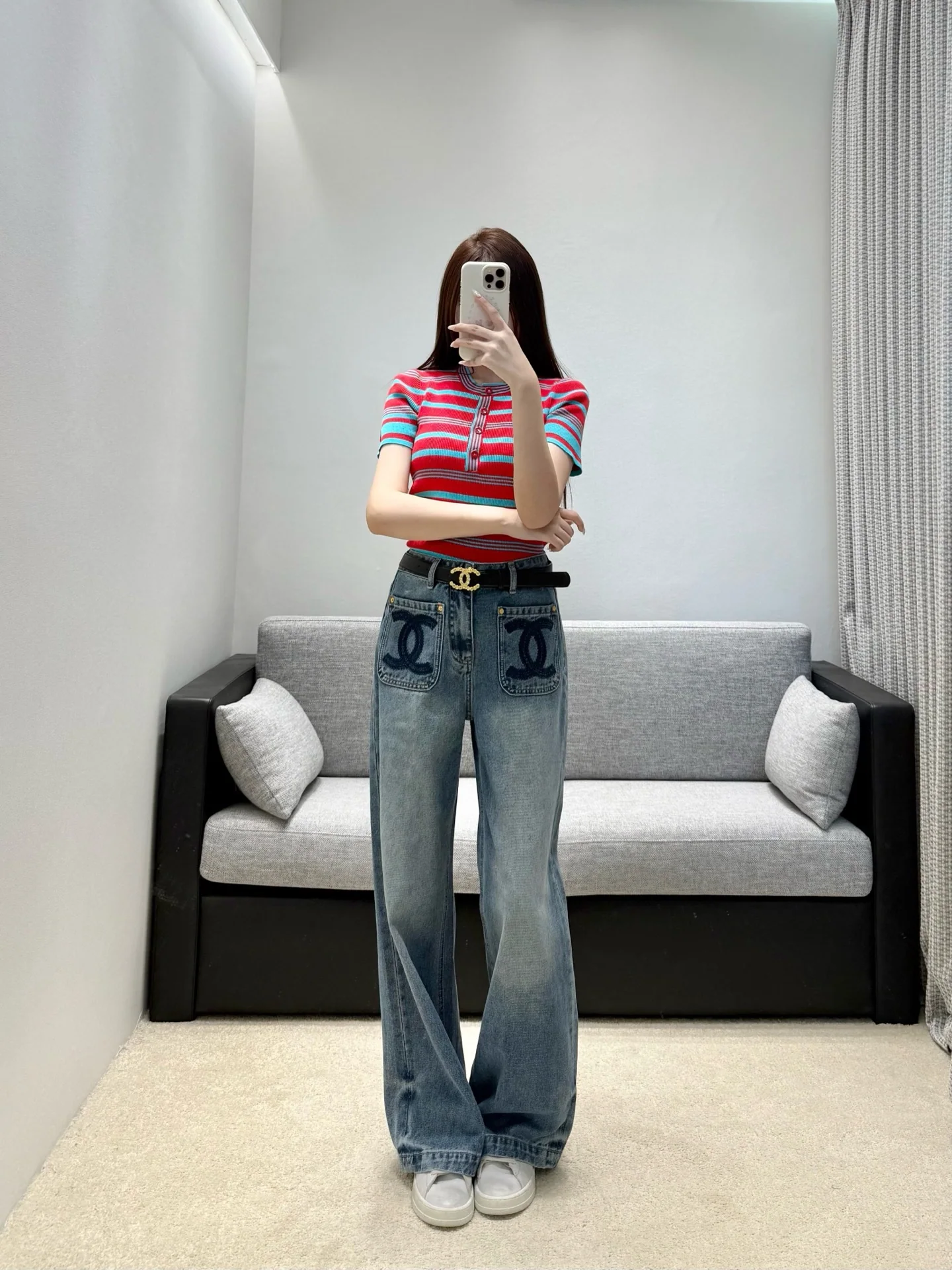샤넬 투톤 와이드 레그 데님 여성 바지 상세 이미지 4