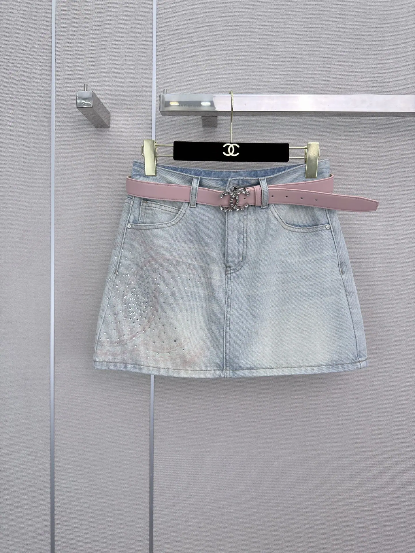 샤넬 라인스톤 장식 데님 A라인 스커트 상세 이미지 1