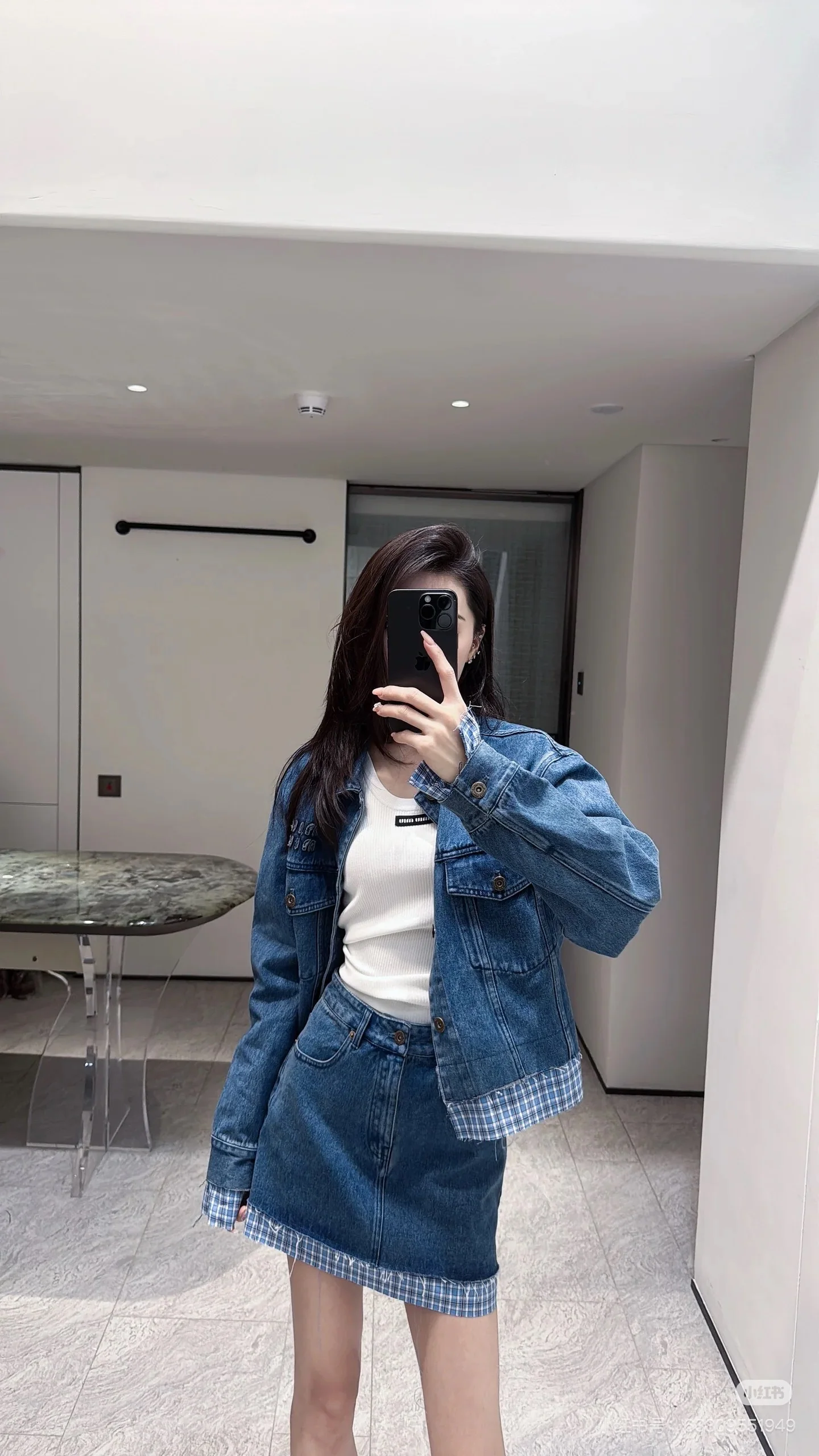 미우미우 컬러 블록 체크 패치워크 자수 데님 자켓 상세 이미지 1