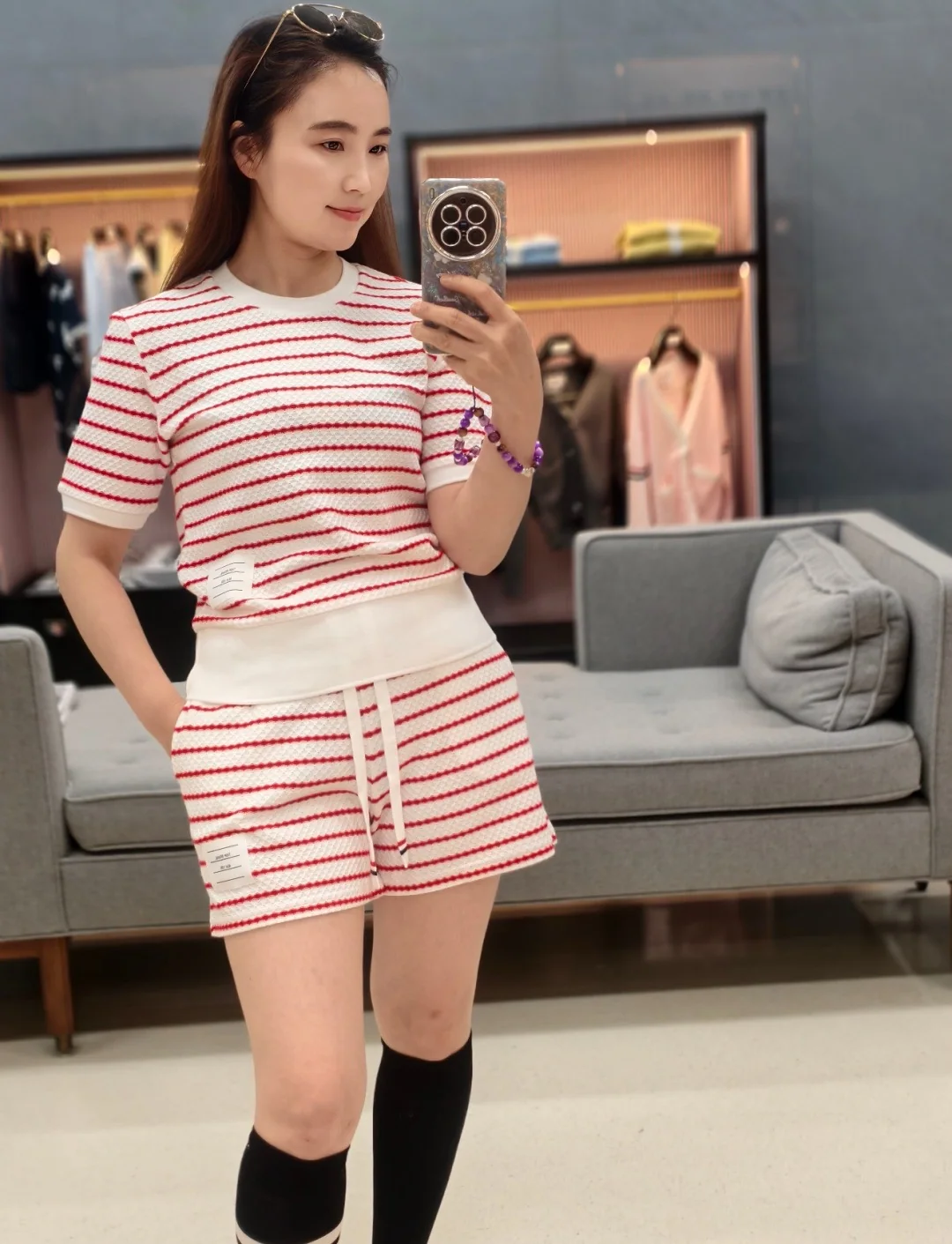 톰브라운 컬러 블록 스트라이프 니트 반팔 탑 세트 상세 이미지 9