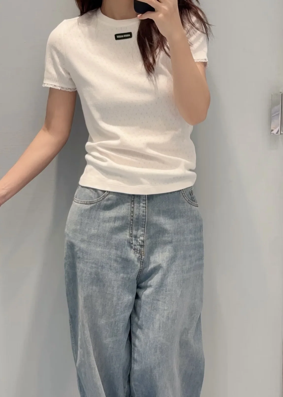 미우미우 레이스 트림 코튼 반팔 티셔츠 상세 이미지 9