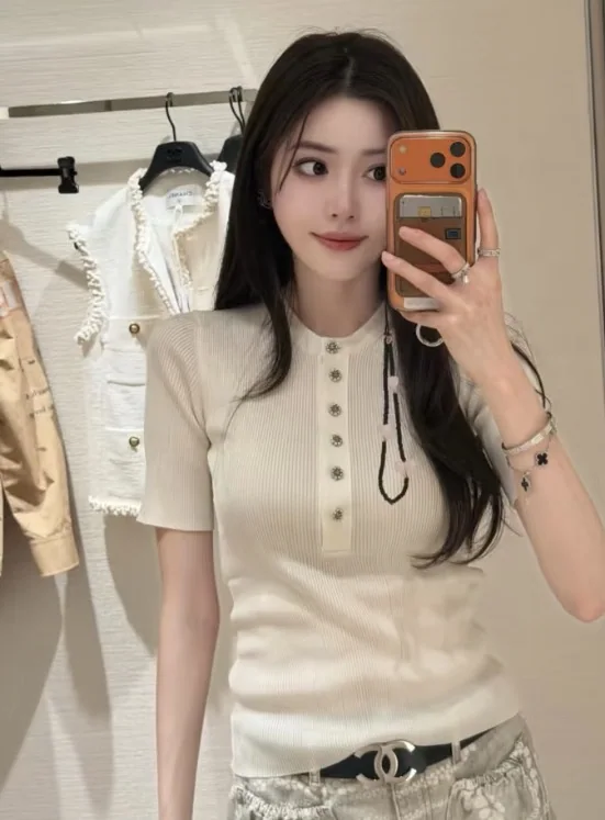 샤넬 리브 니트 여성용 반팔 티셔츠 상세 이미지 1