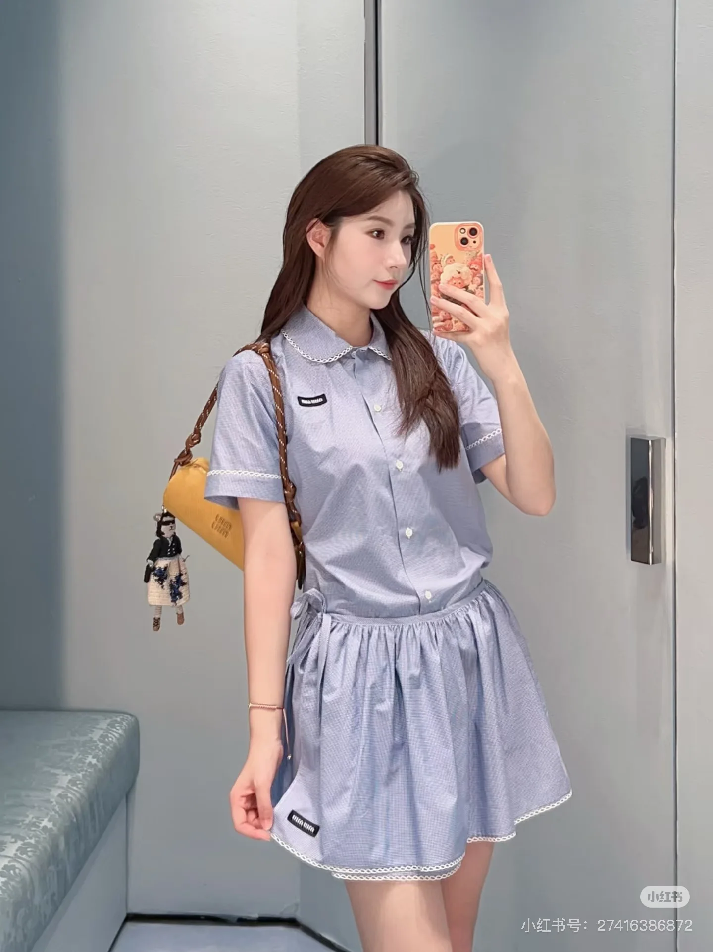 미우미우 체크 레이스 카라 반팔 티셔츠 상세 이미지 2