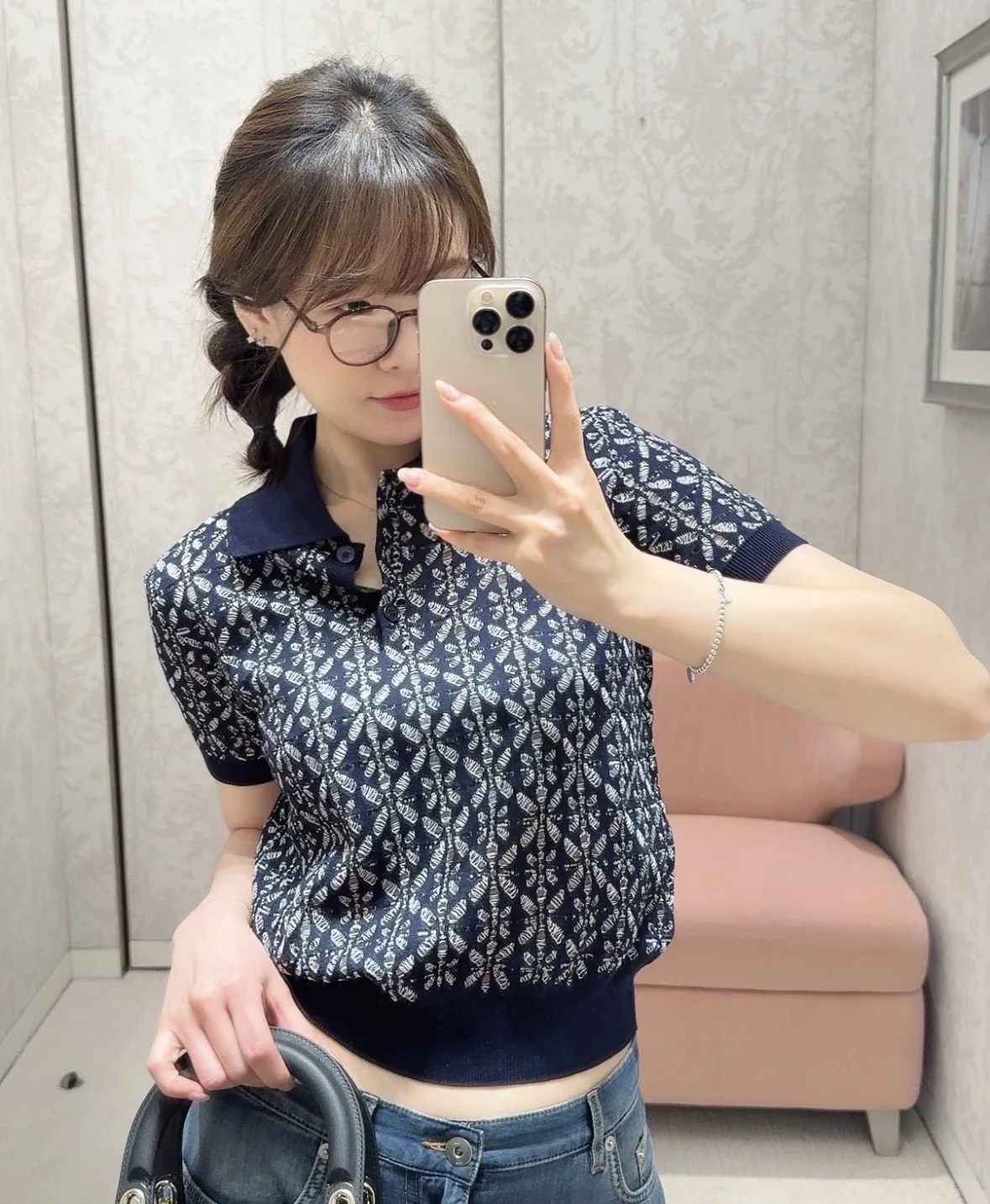 디올 프렌치 모노그램 자카드 니트 반팔 폴로셔츠 상세 이미지 4