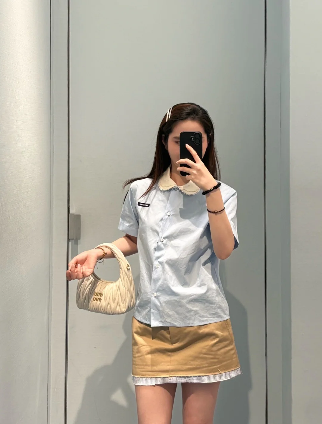 미우미우 자수 레이스 코튼 블루 셔츠 2632 상세 이미지 3