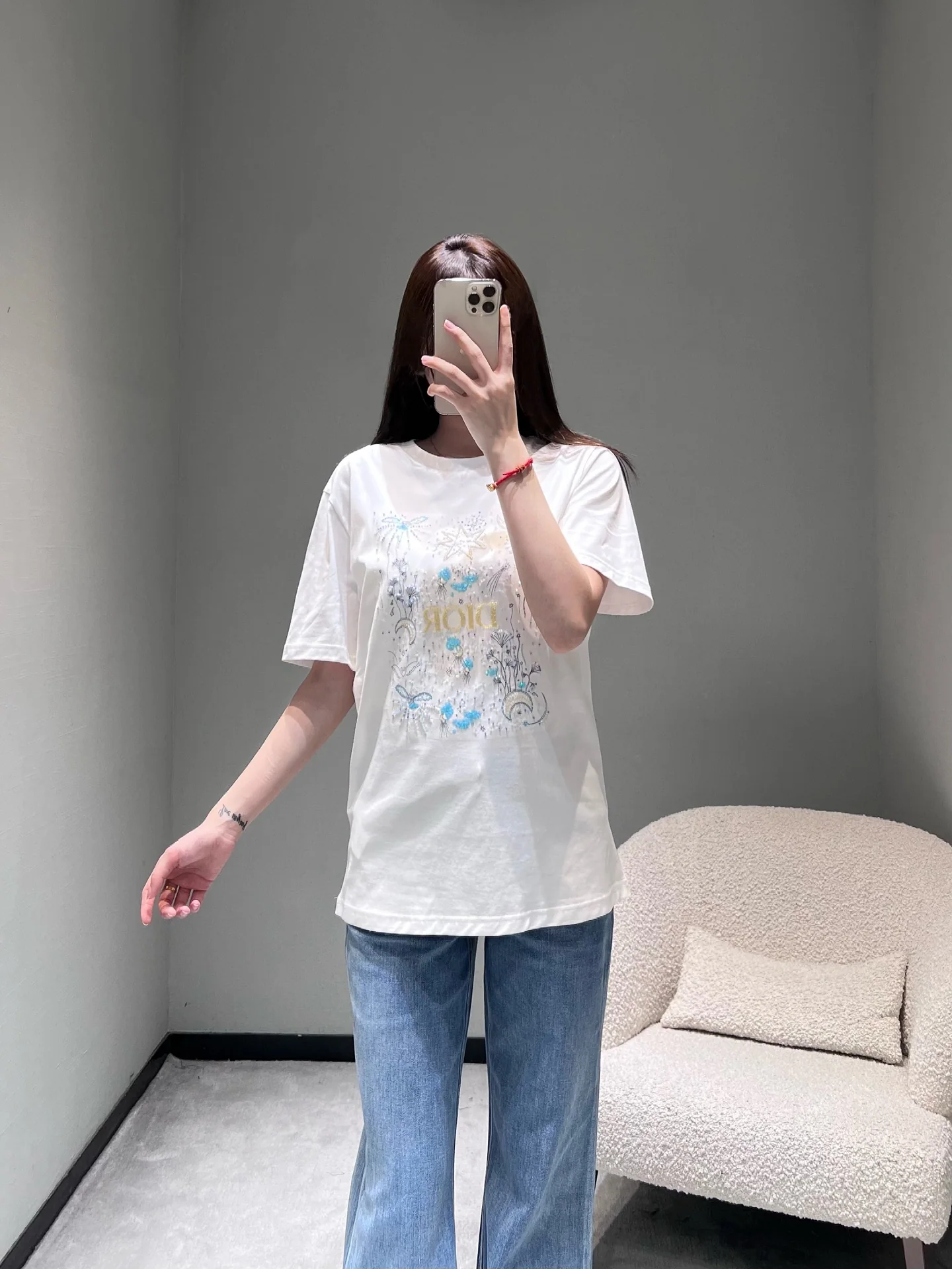 디올 별하늘 자수 여성 반팔 티셔츠 상세 이미지 1