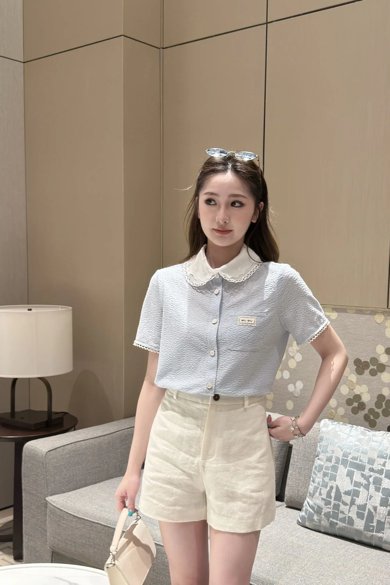 미우미우 레이스 카라 프릴 소매 반팔 셔츠 상세 이미지 6