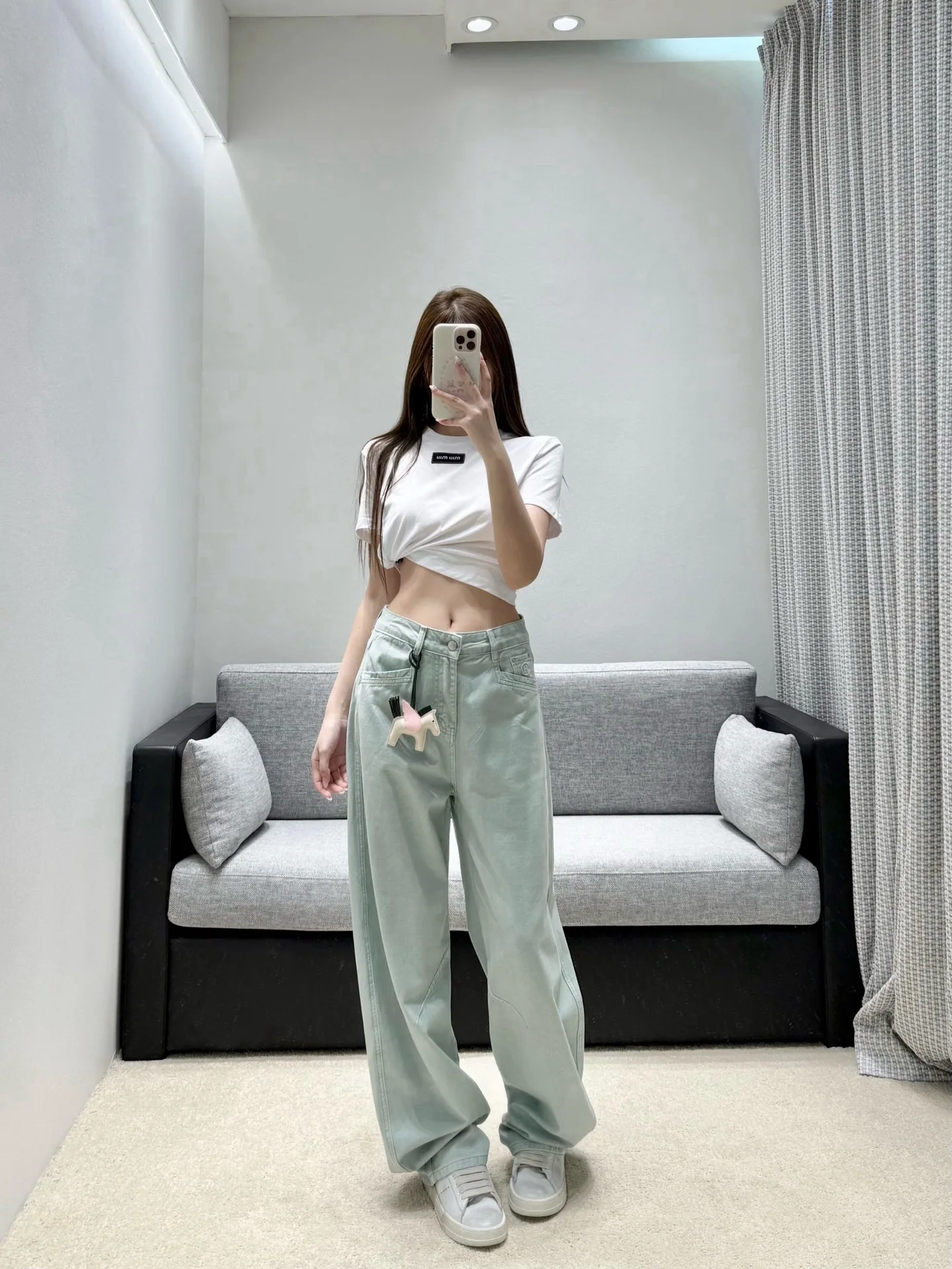 에르메스 민트 그린 하이웨이스트 와이드 레그 여성 바지 상세 이미지 4