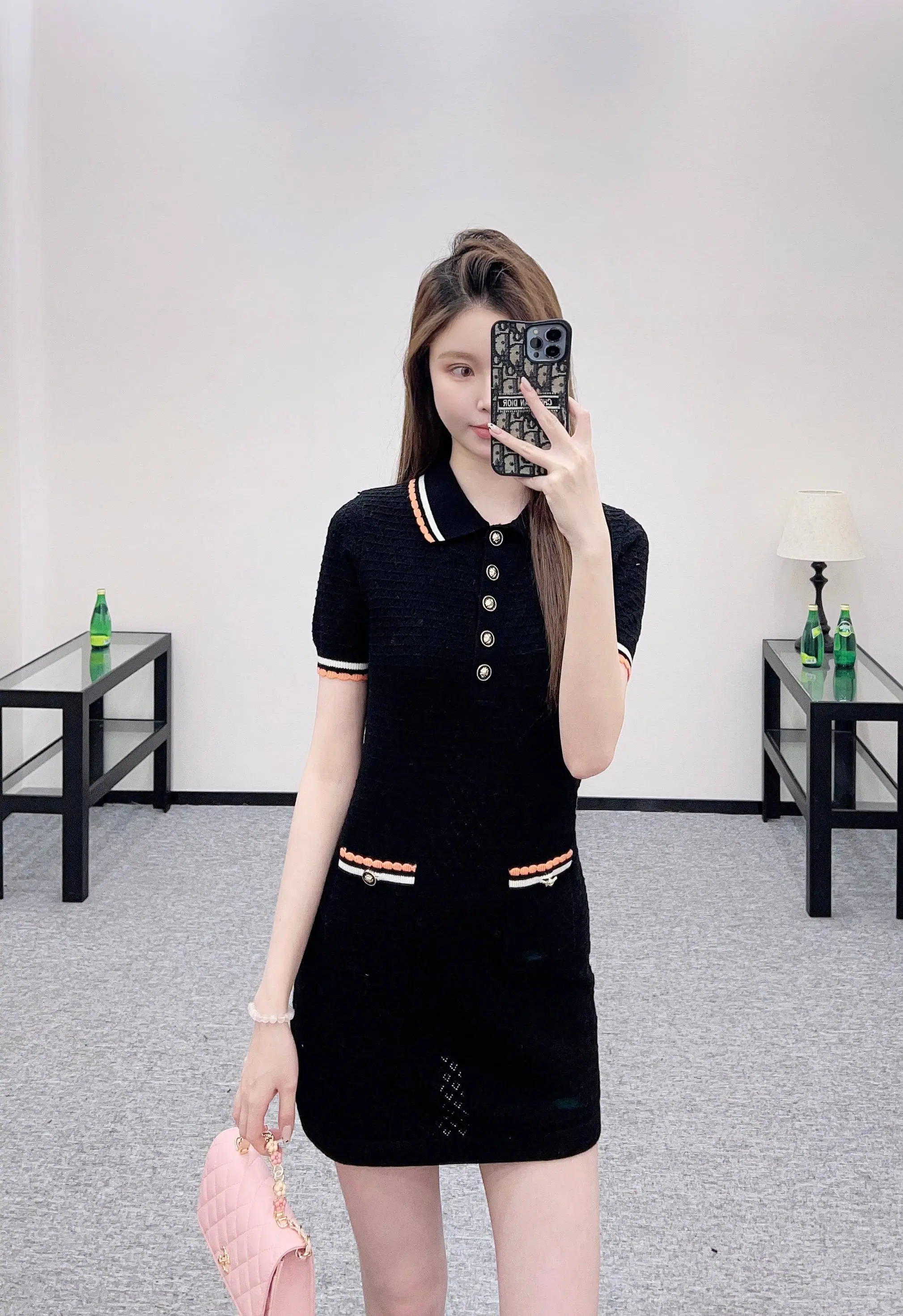 샤넬 까멜리아 캐시미어 카라 반팔 니트 티셔츠 6054