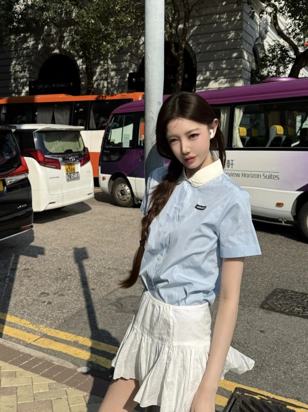 미우미우 밀크 블루 자수 로고 반팔 티셔츠 26 SS 상세 이미지 8