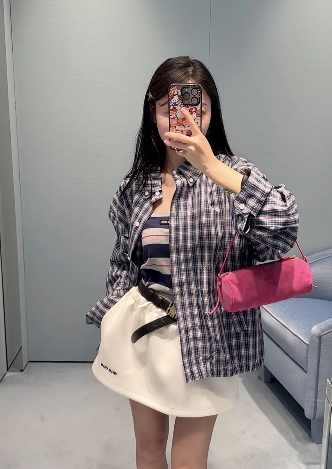 미우미우 레터 로고 자수 체크 셔츠 25 SS 상세 이미지 9