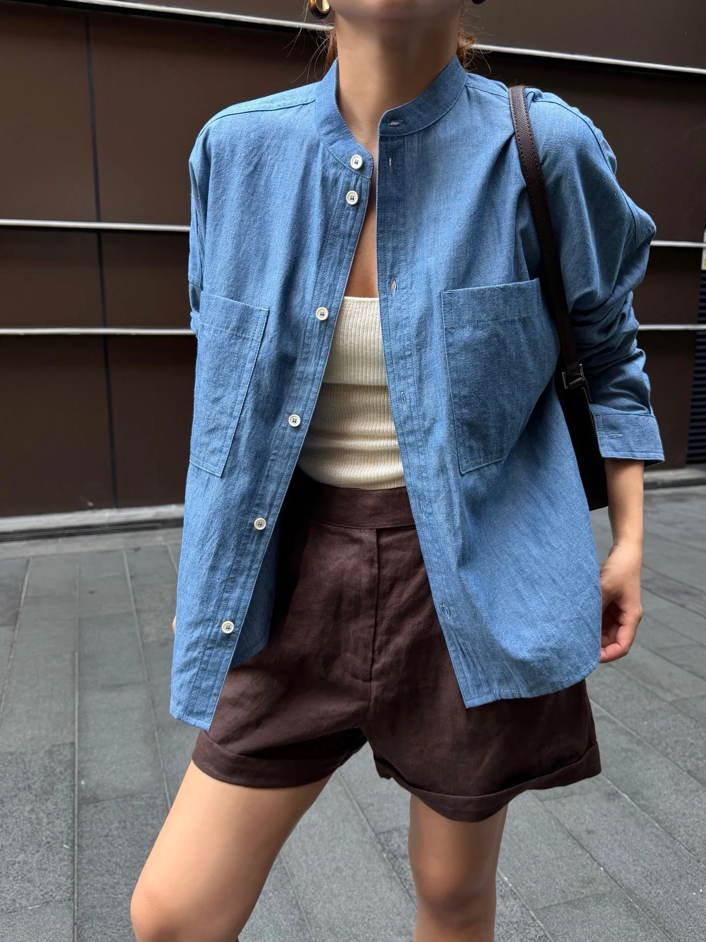 로로피아나 스탠드 카라 데님 여성 셔츠 상세 이미지 6